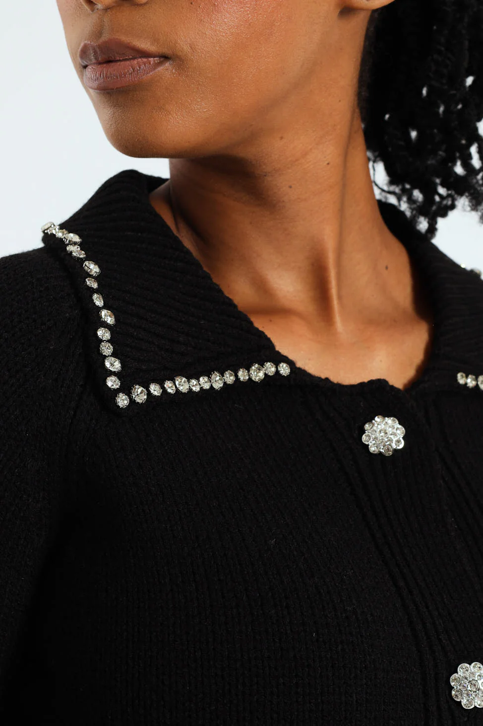 Collared Cardigan With Diamante Trim - Black - Image 2