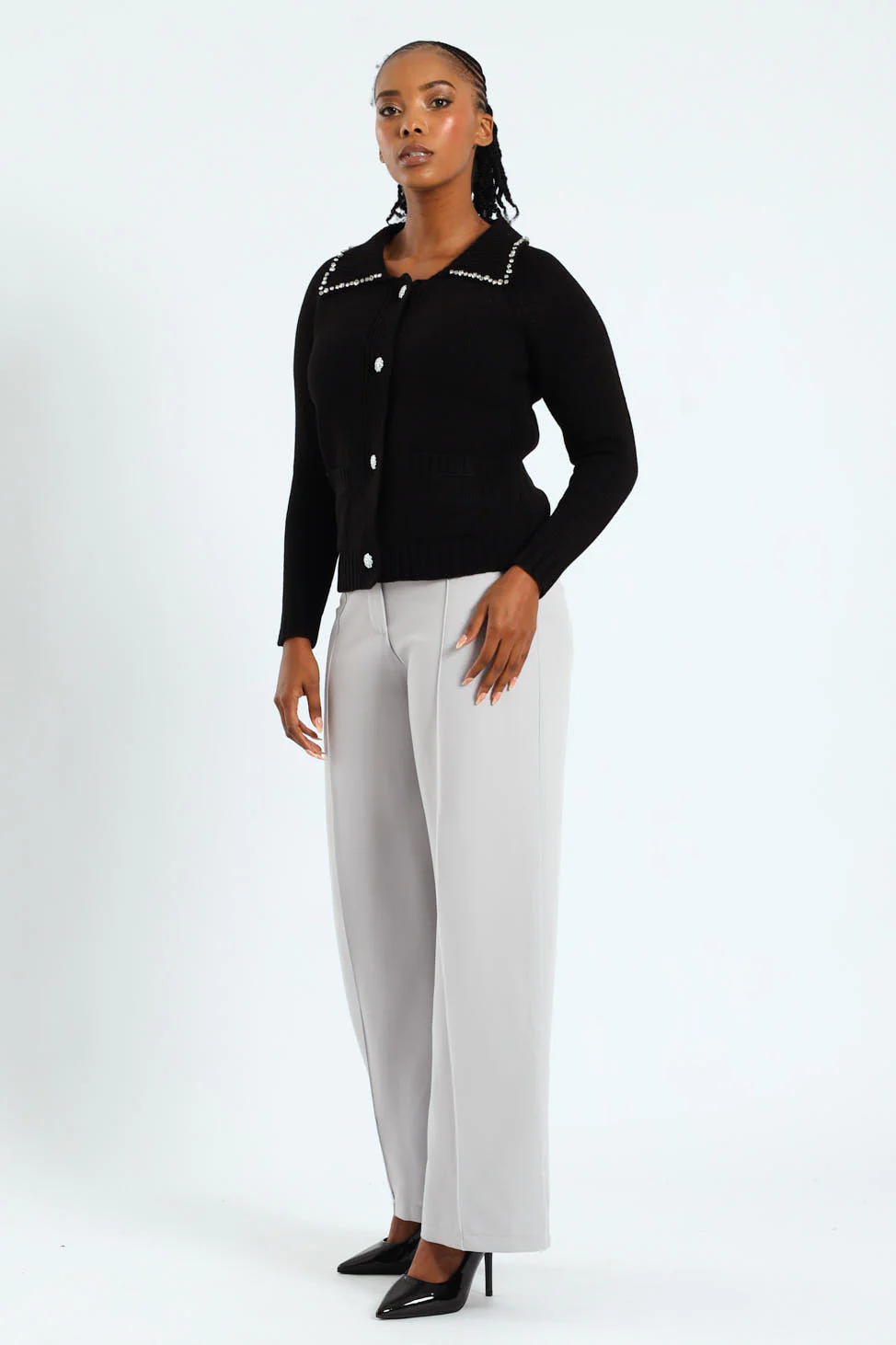 Collared Cardigan With Diamante Trim - Black - Image 5