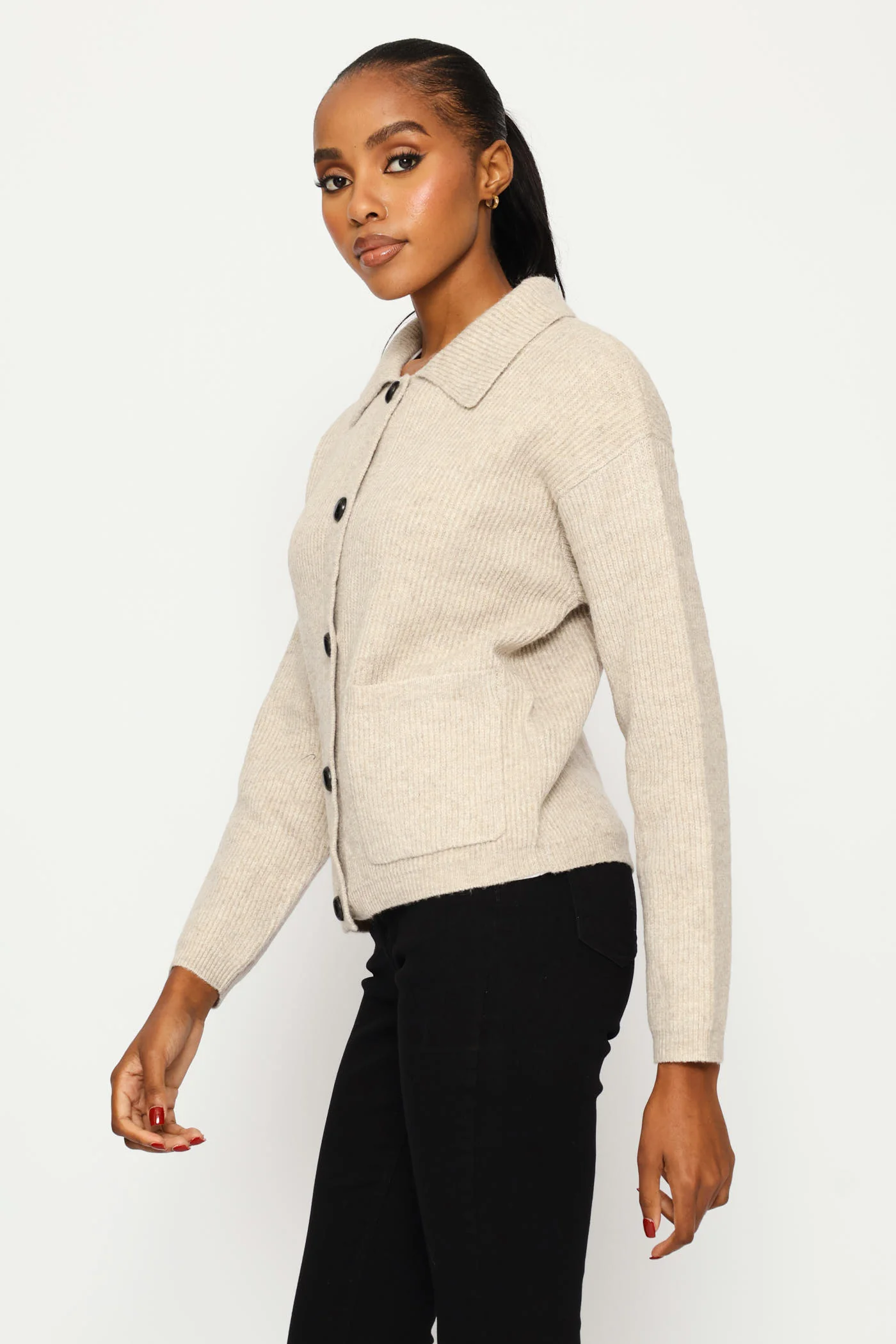 Collared Chunky Cardigan - Oatmeal Melange - Image 3