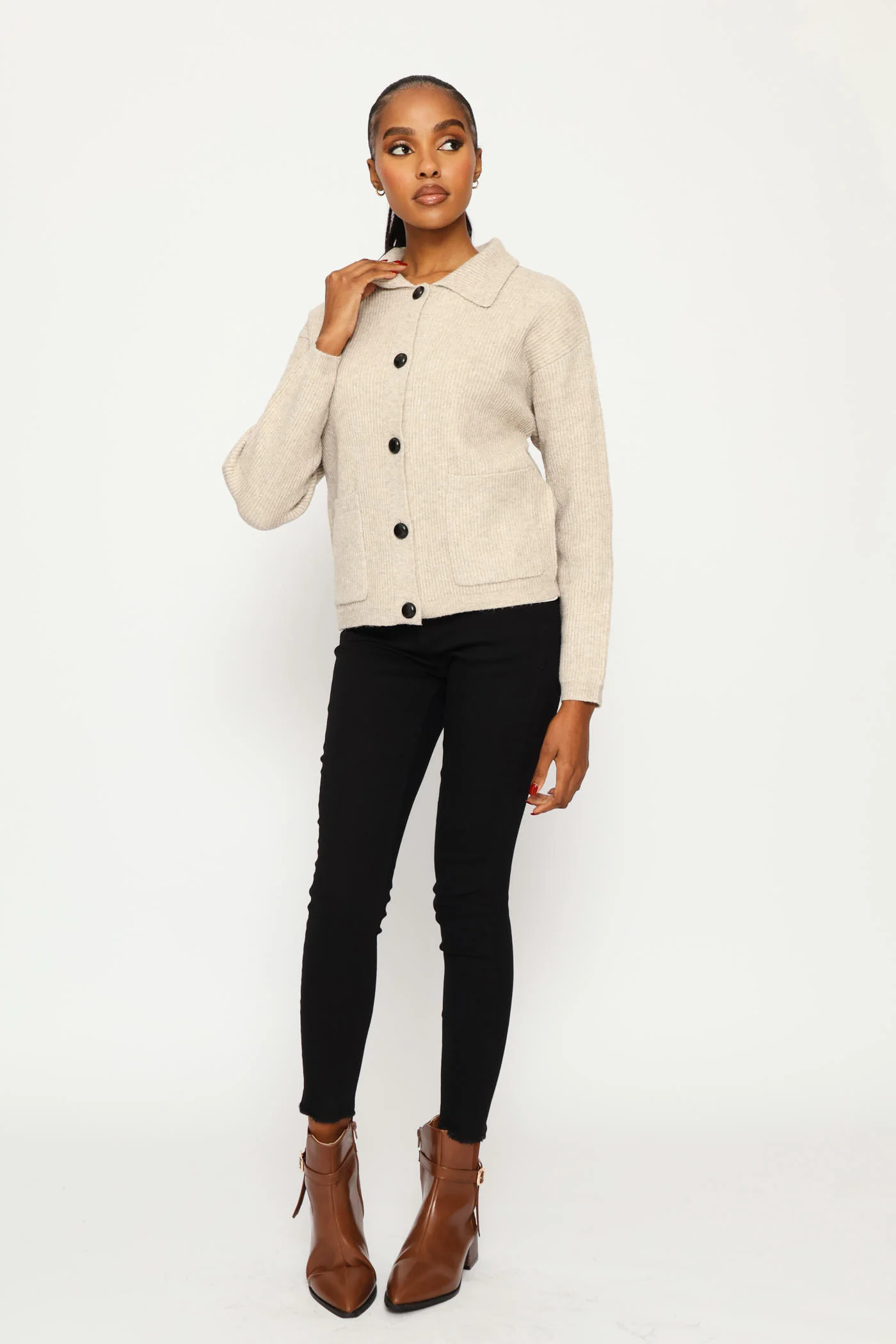 Collared Chunky Cardigan - Oatmeal Melange - Image 5