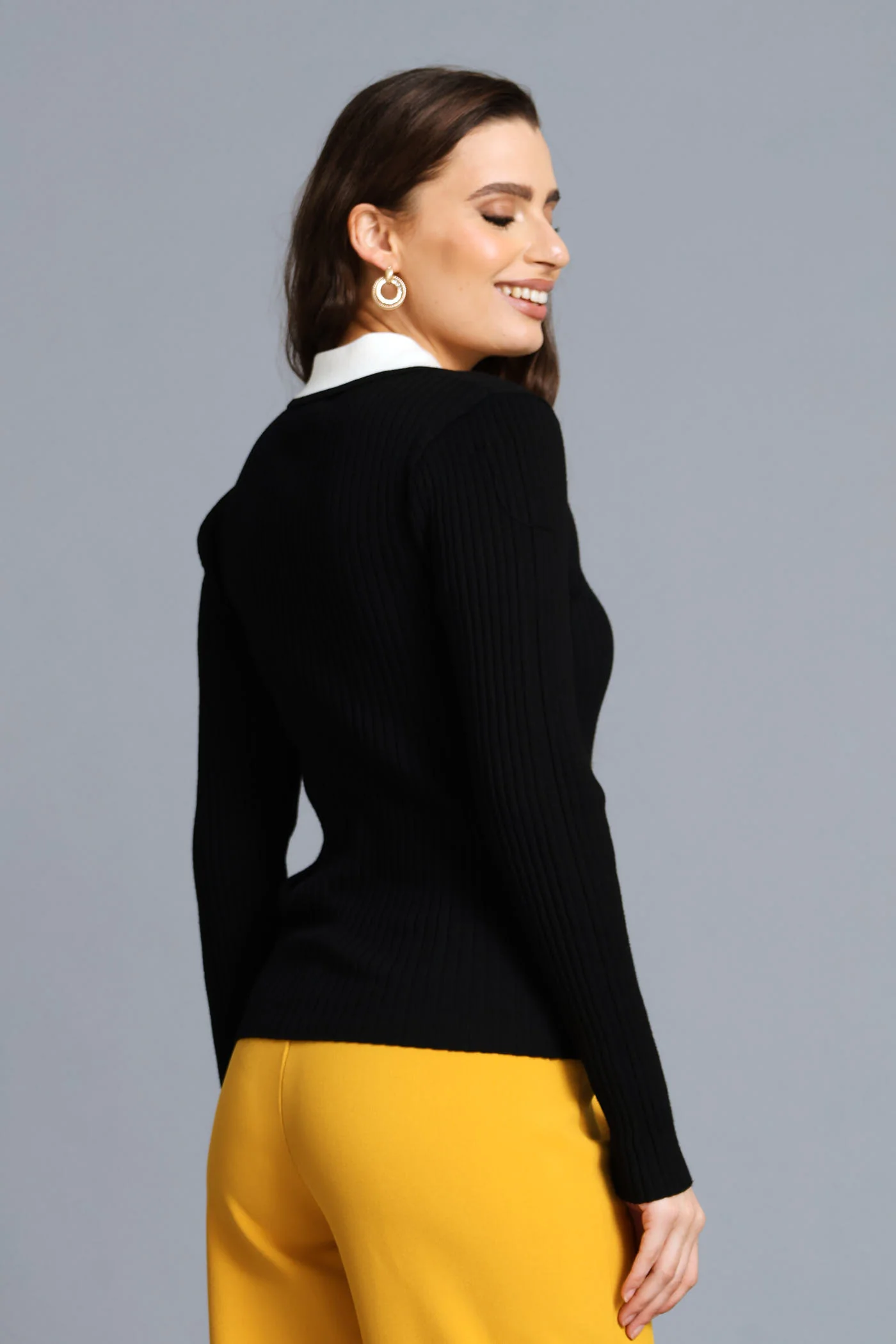 Collared Contrast Long Sleeve Golfer - Black/Cream - Image 3