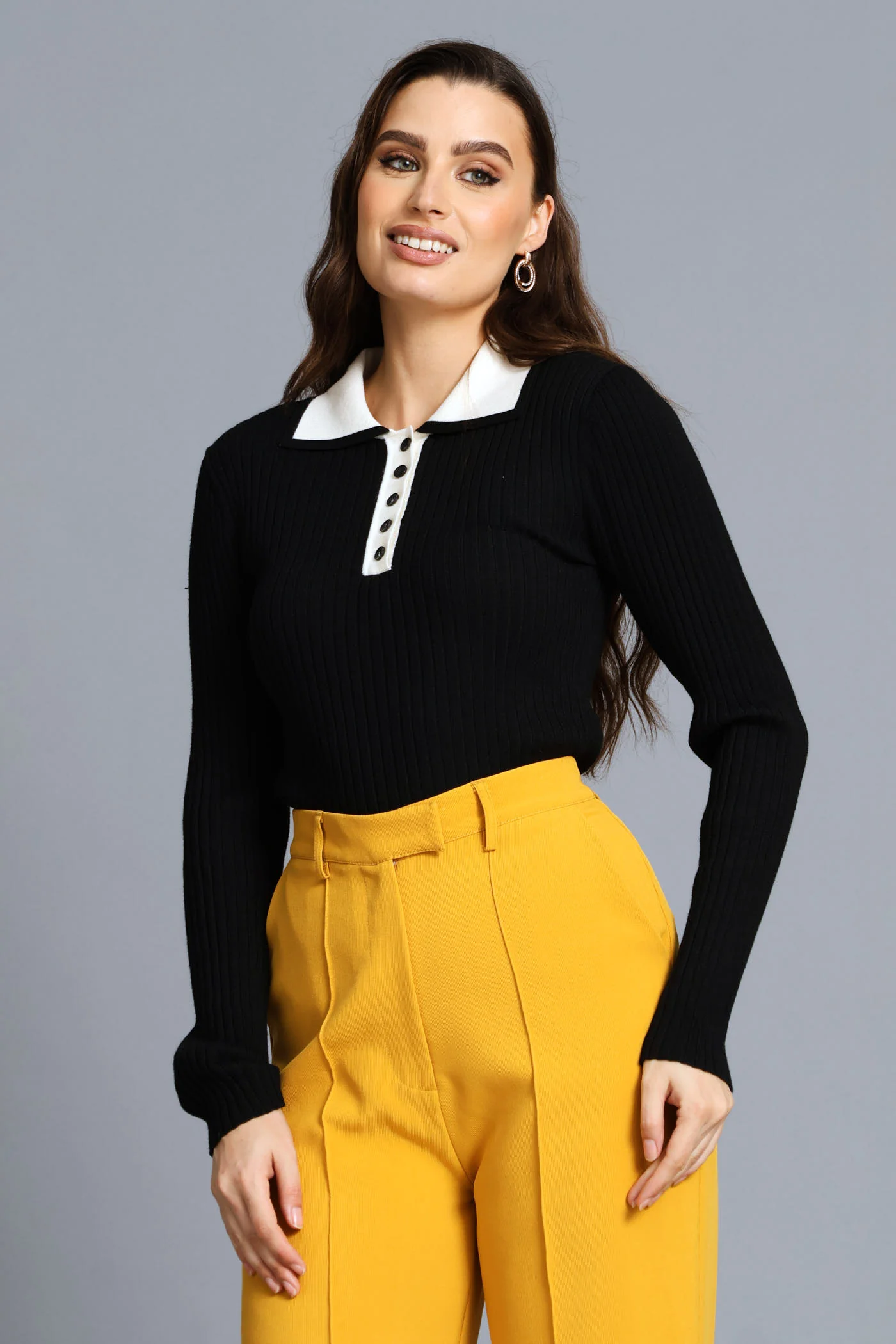 Collared Contrast Long Sleeve Golfer - Black/Cream - Image 4
