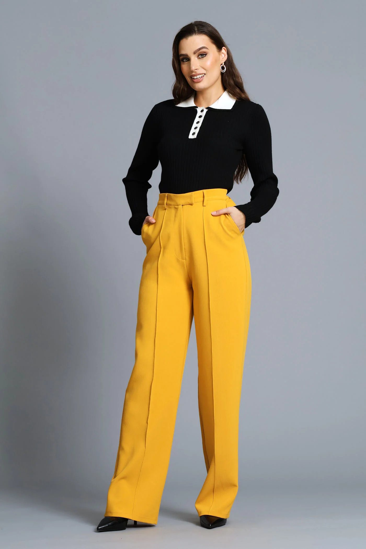 Collared Contrast Long Sleeve Golfer - Black/Cream - Image 5