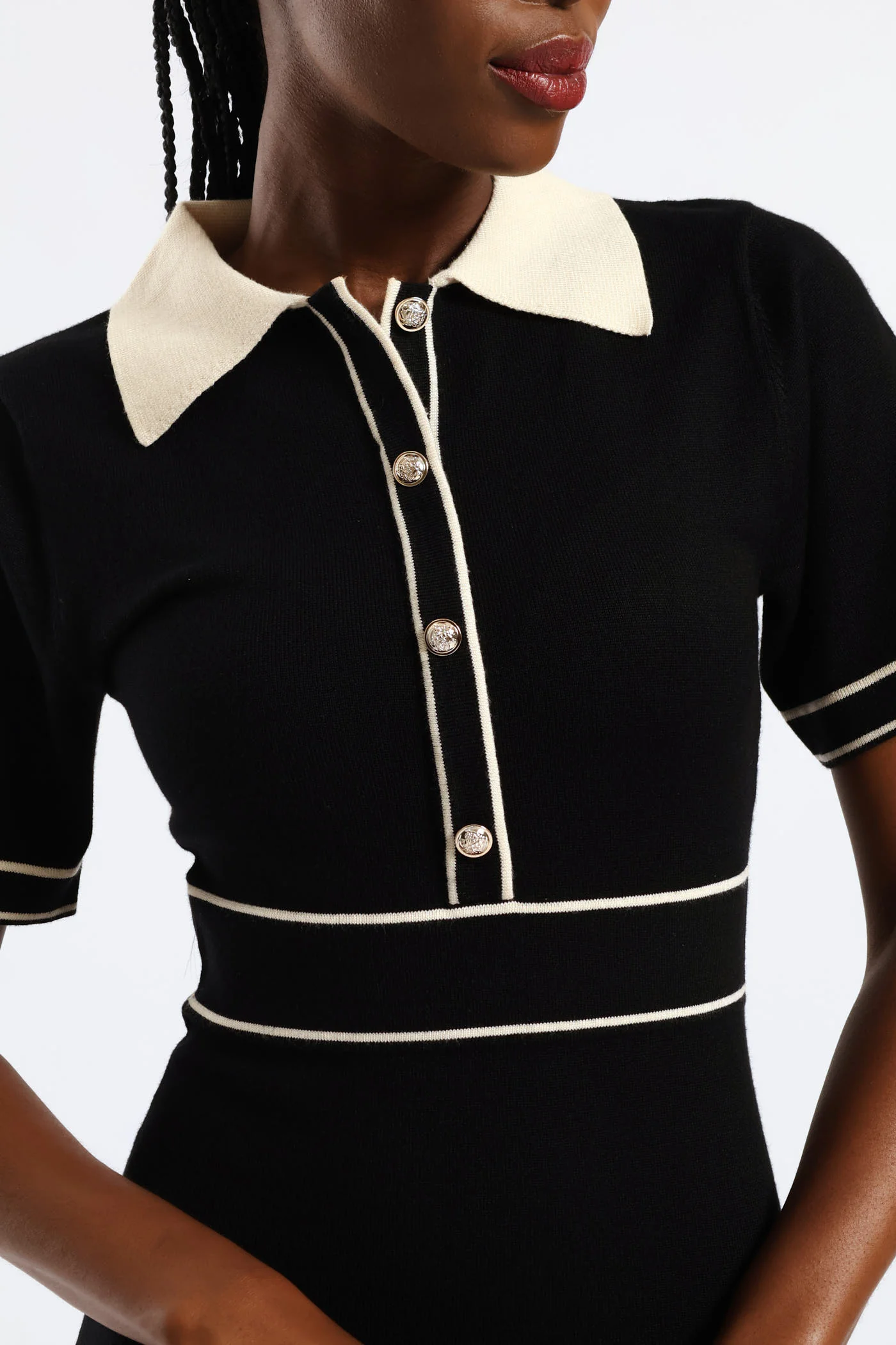 Collared Contrast Preppy Knitwear Dress - Black/Cream - Image 2