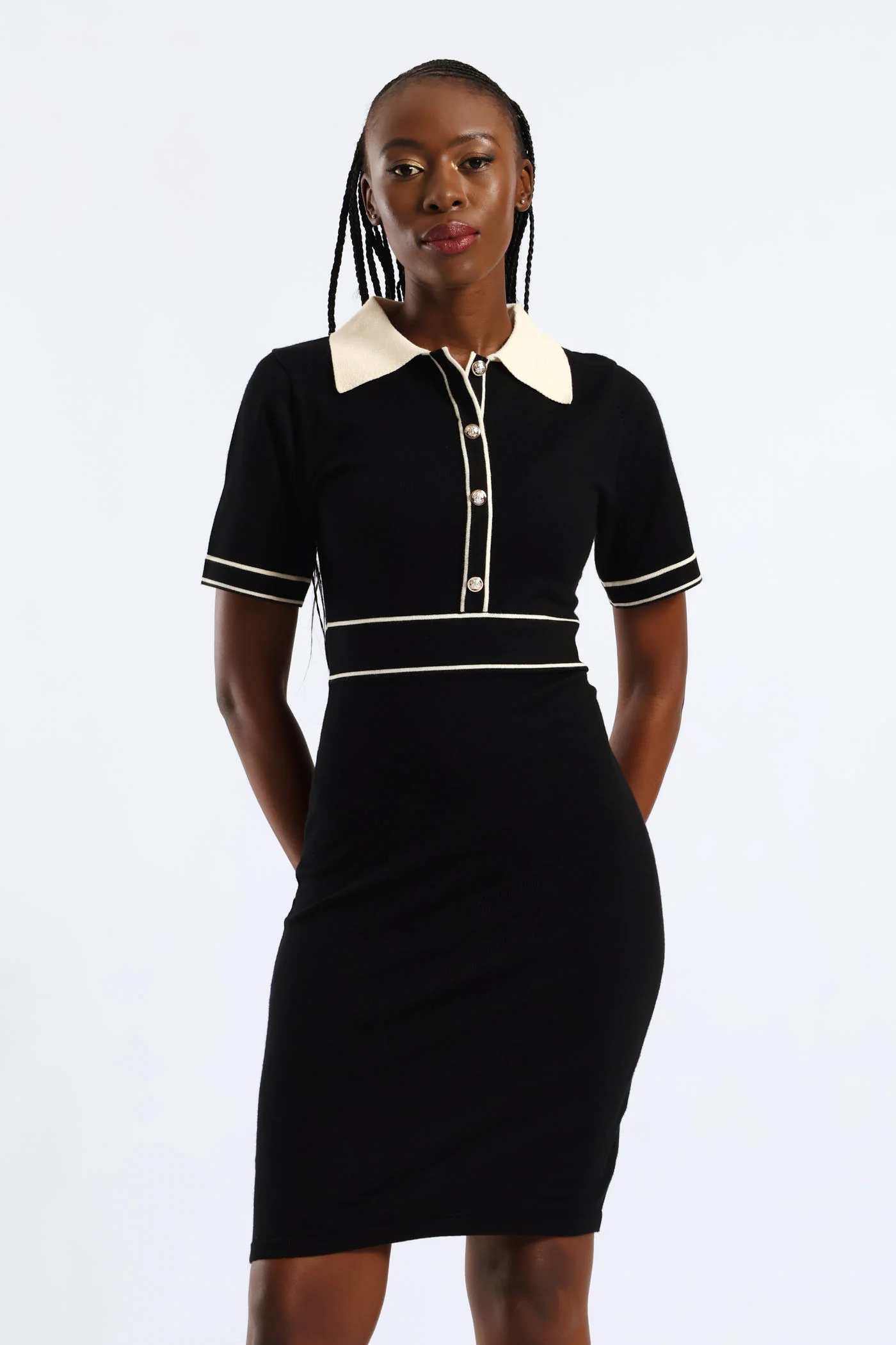 Collared Contrast Preppy Knitwear Dress - Black/Cream - Image 3