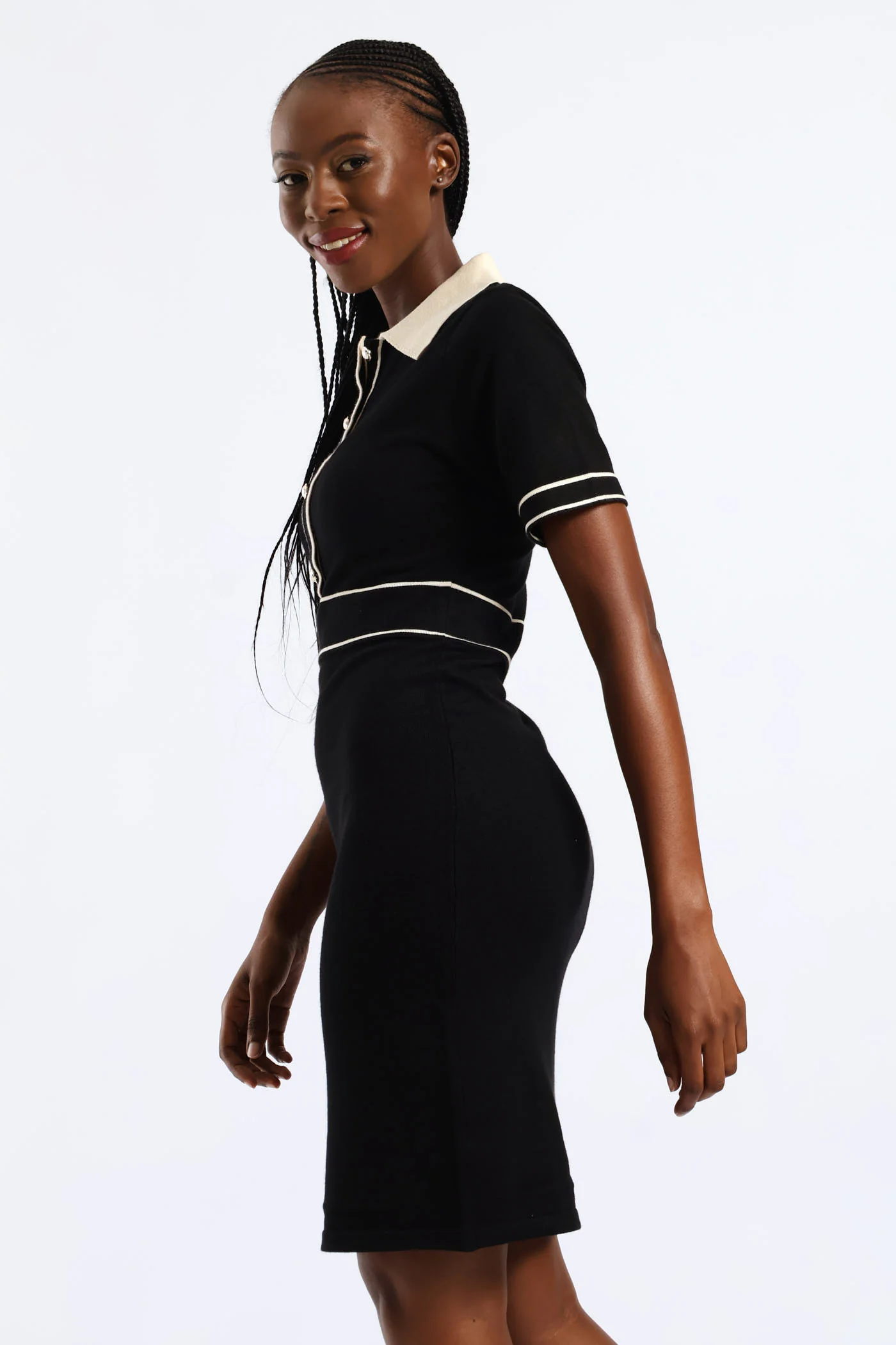 Collared Contrast Preppy Knitwear Dress - Black/Cream - Image 4