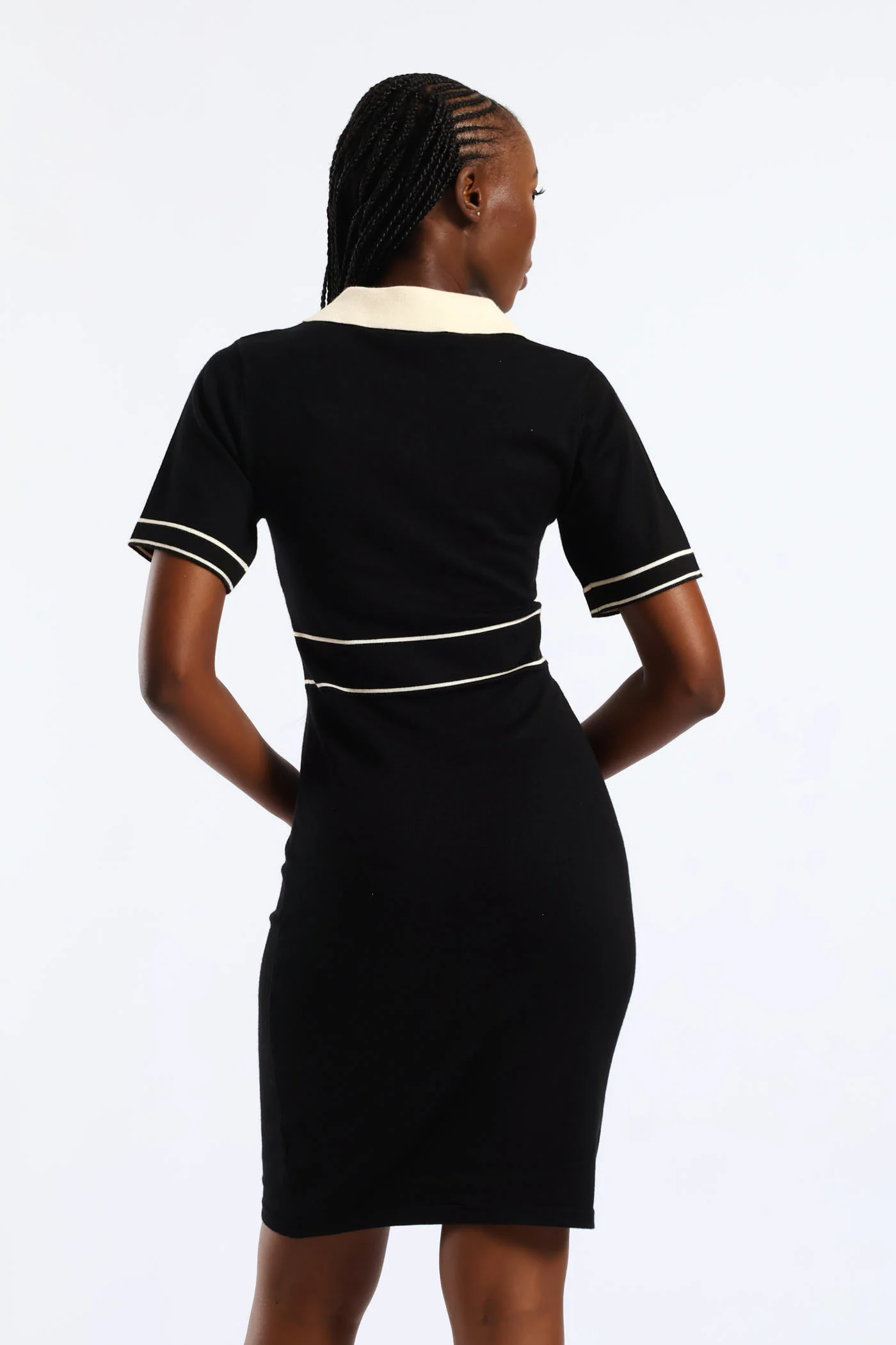Collared Contrast Preppy Knitwear Dress - Black/Cream - Image 5