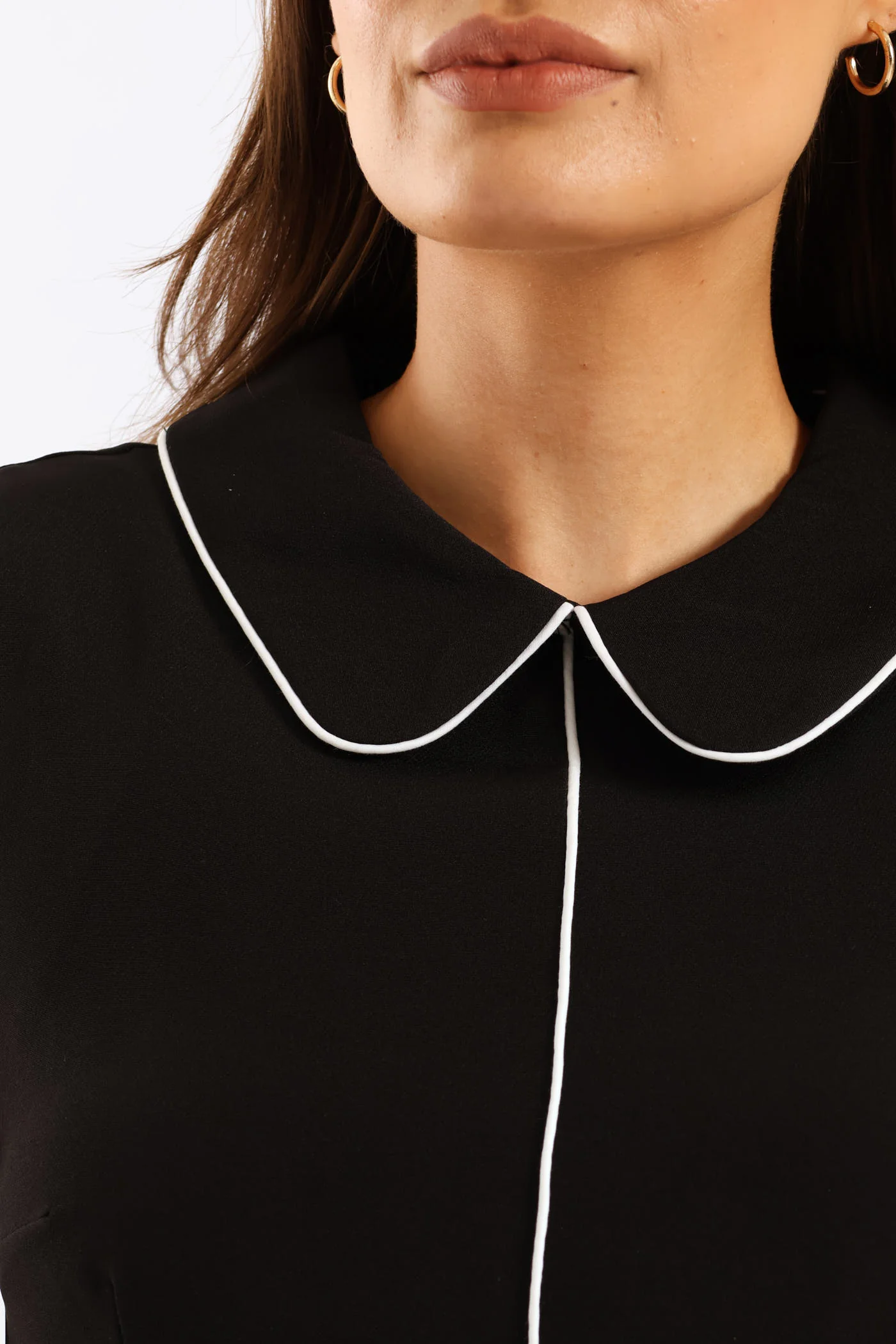 Collared Contrast Work Pencil Dress - Black - Image 3