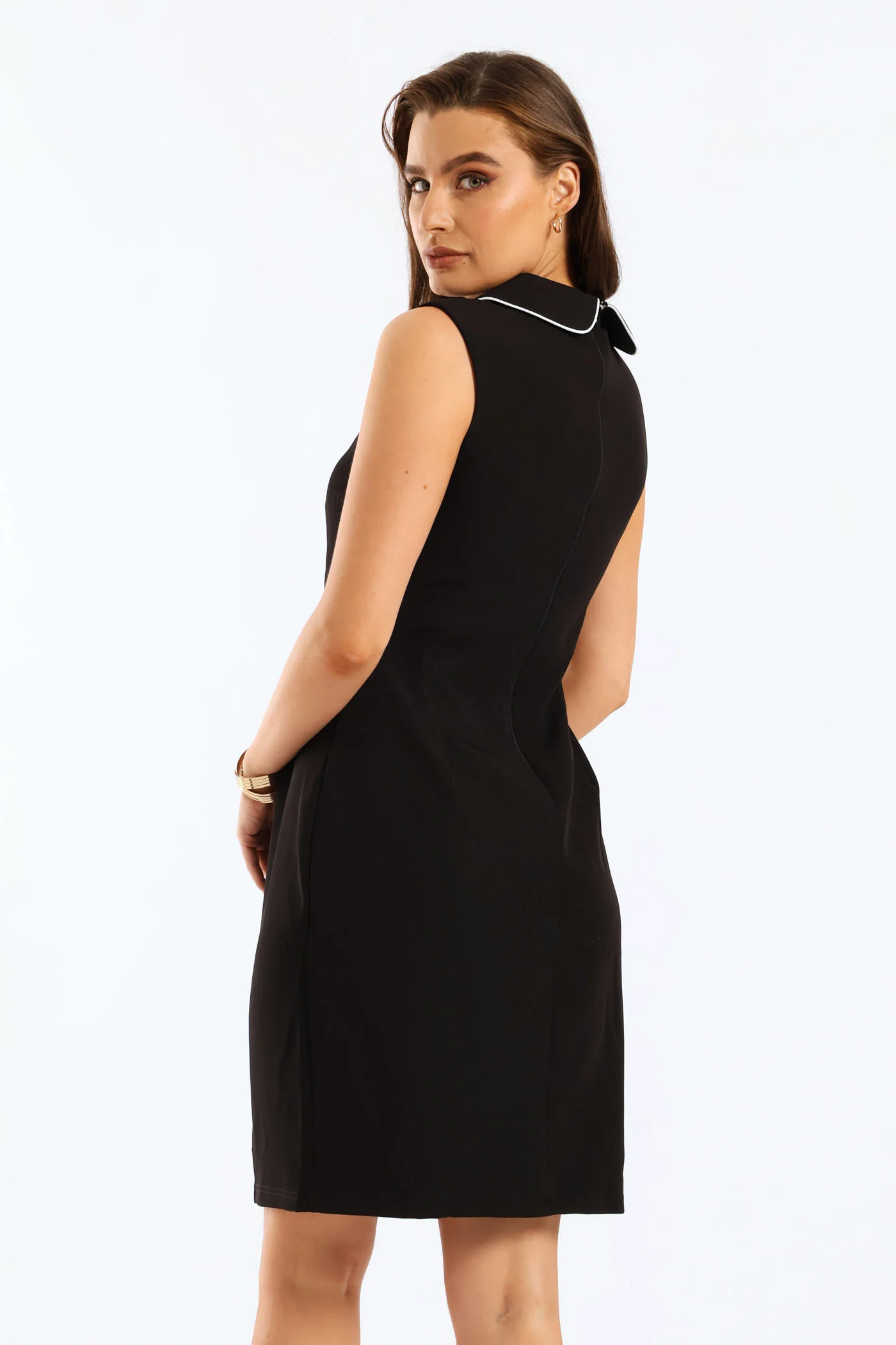 Collared Contrast Work Pencil Dress - Black - Image 5