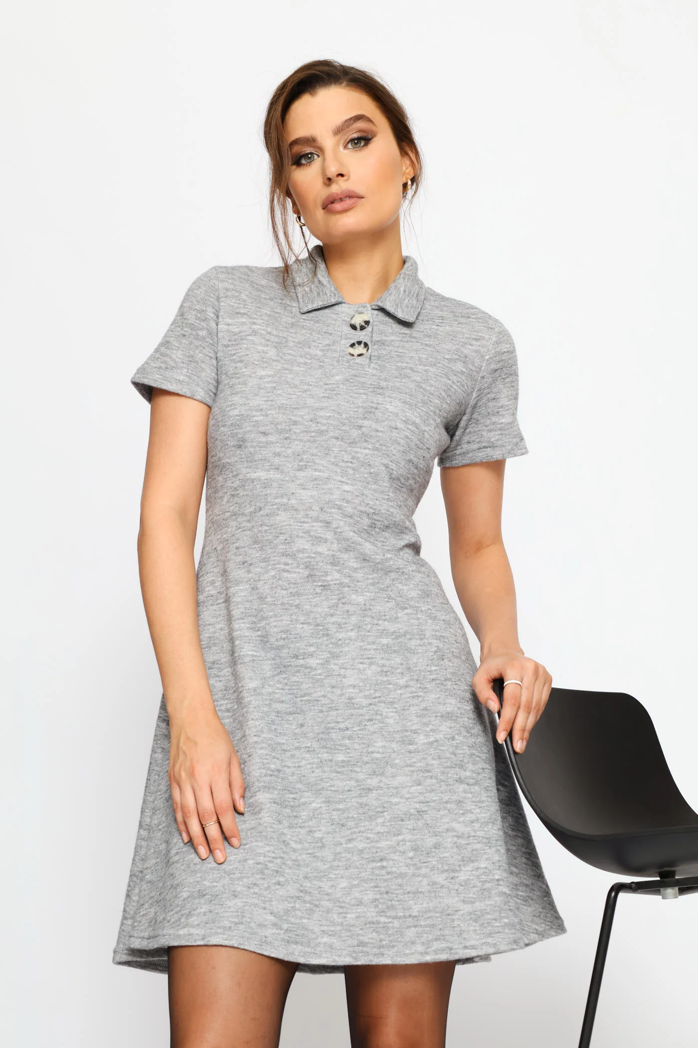 Collared Cut & Sew Skater Mini Dress - Grey Melange - Image 2