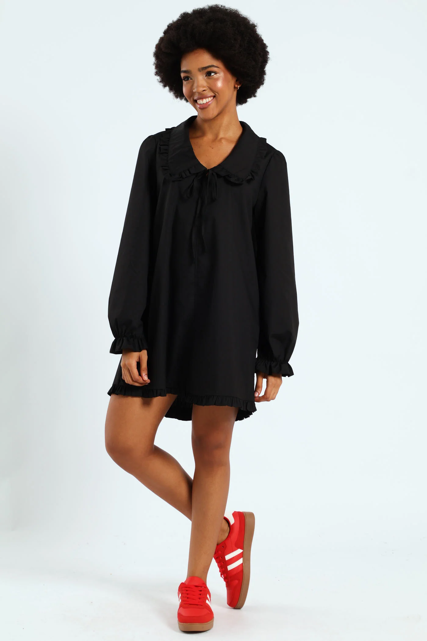 Collared Frill Hem Mini Dress - Black - Image 2