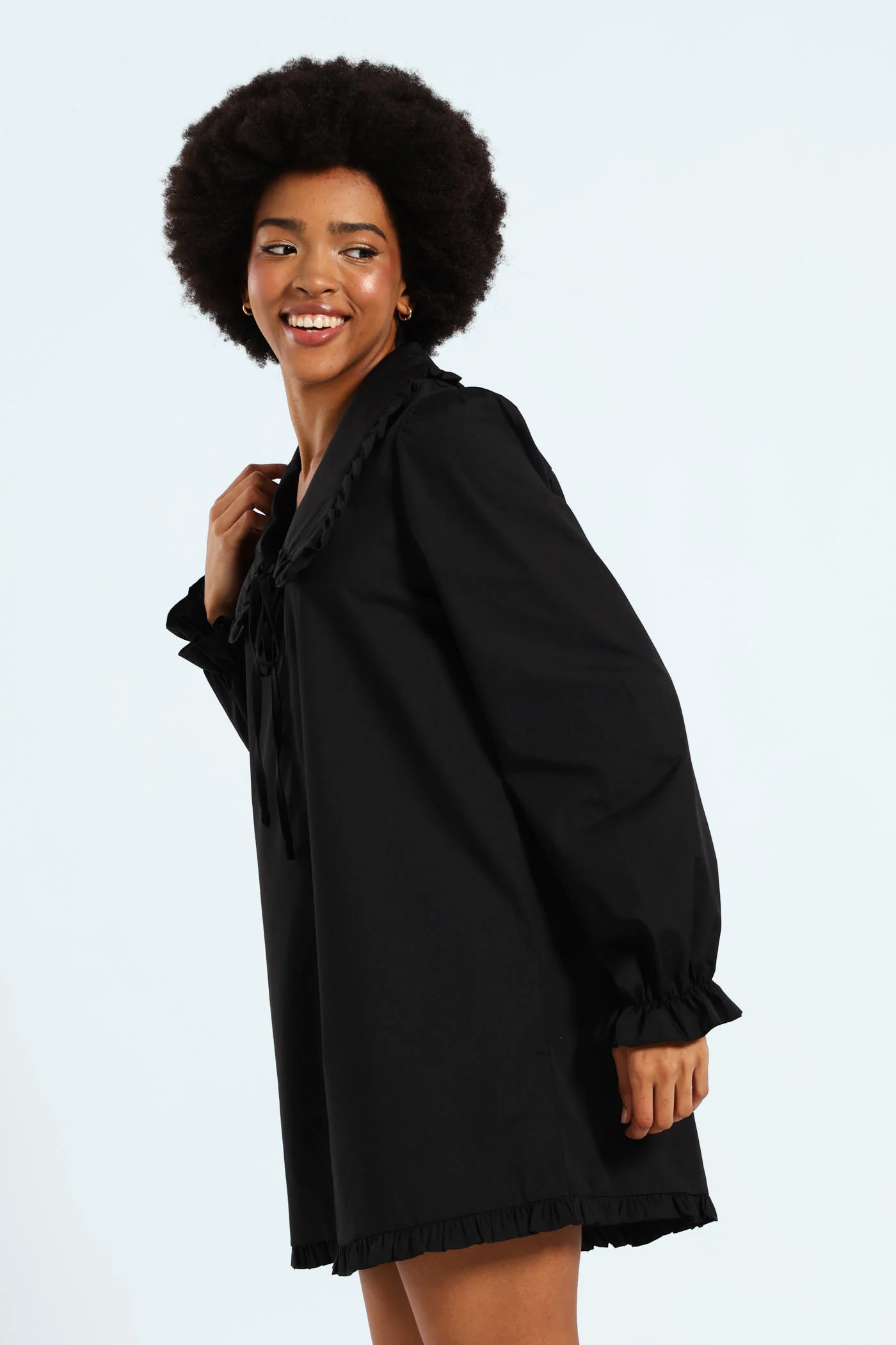 Collared Frill Hem Mini Dress - Black - Image 3
