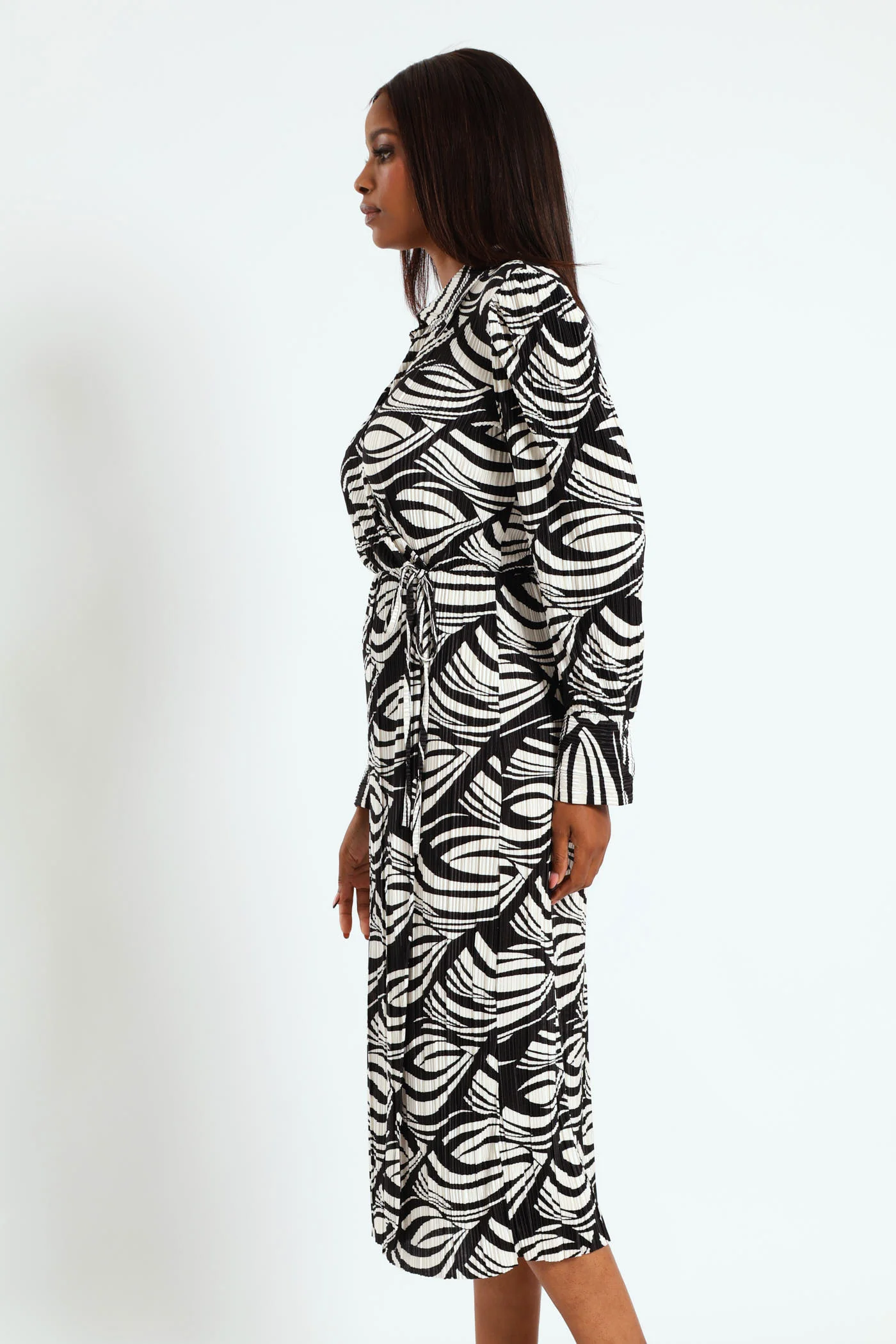 Collared Mock Wrap Plisse Midi Dress - Cream - Image 3