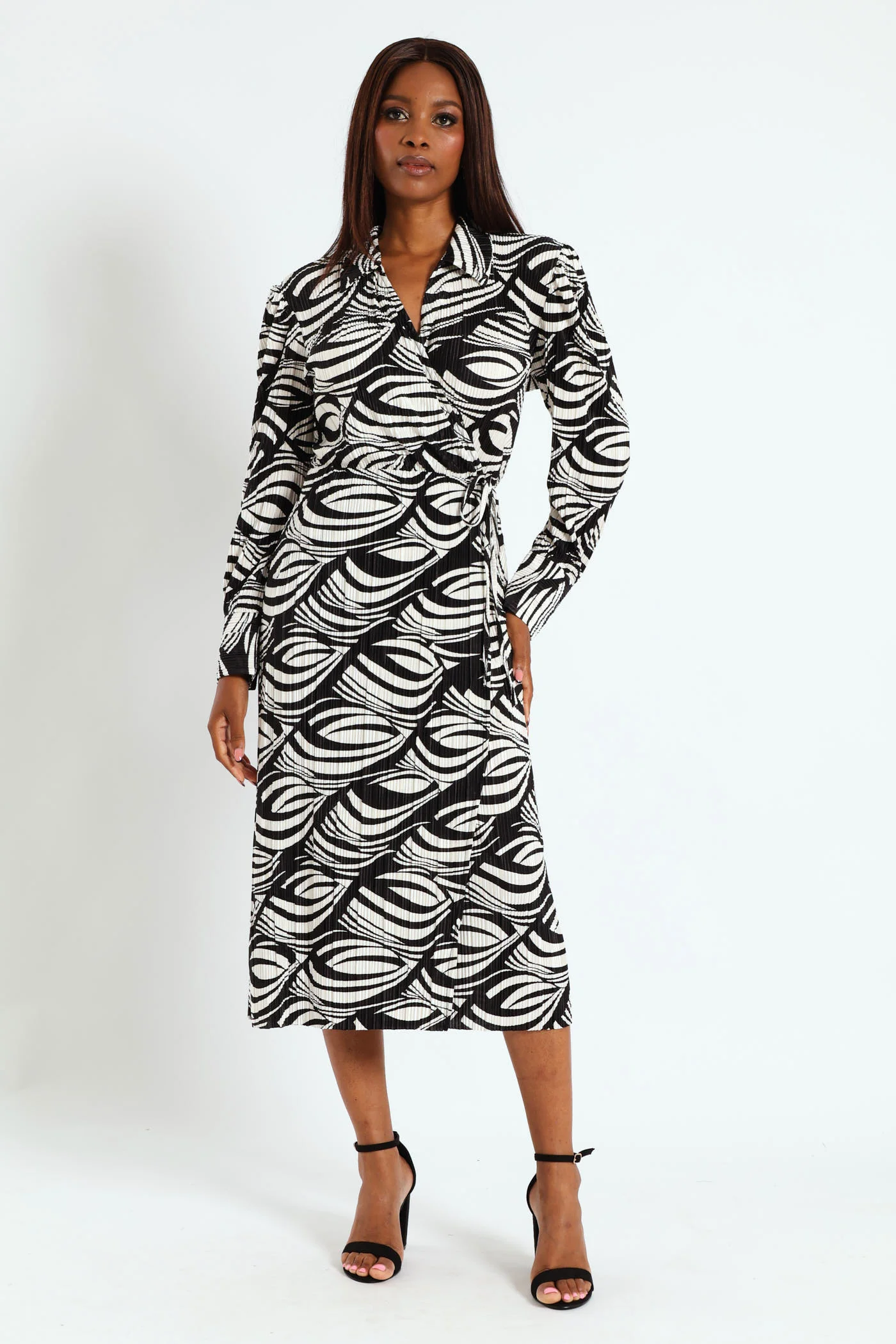 Collared Mock Wrap Plisse Midi Dress - Cream - Image 5