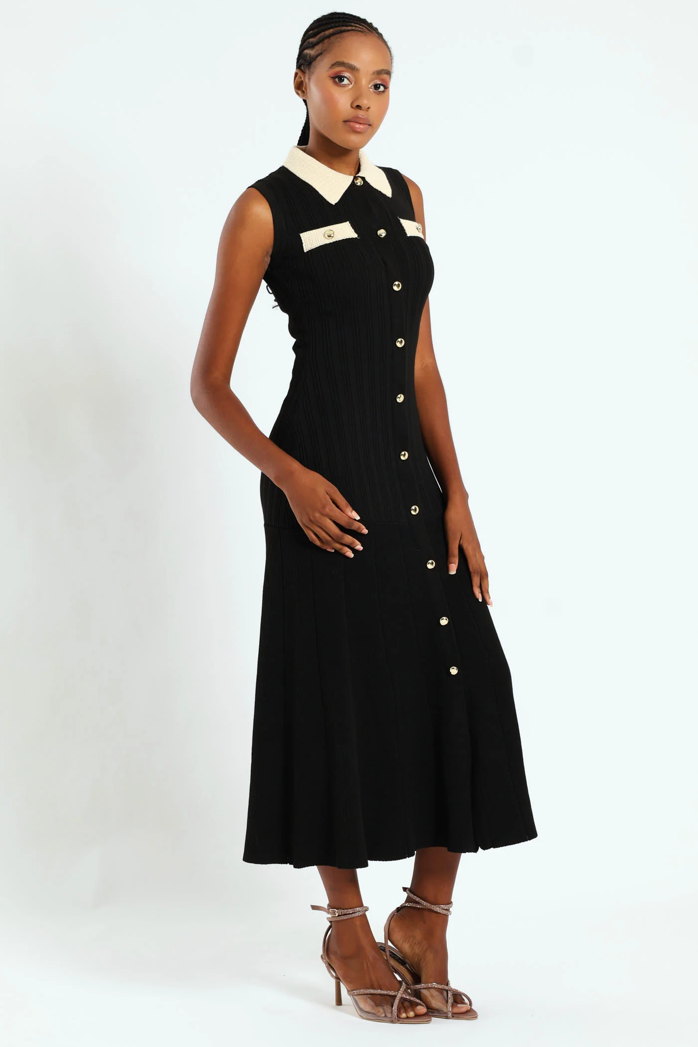 Collared Preppy Knitwear Maxi Dress - Black - Image 4