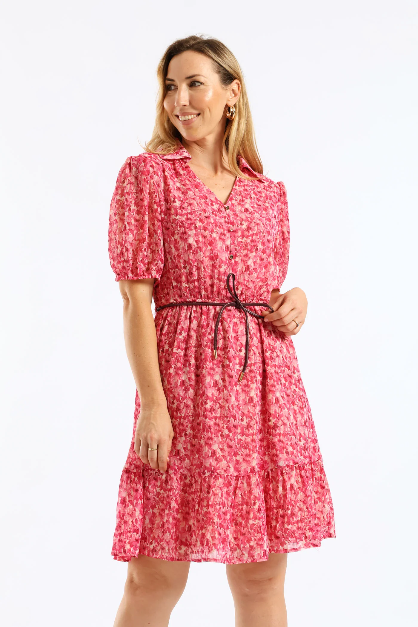 Collared Puff Sleeve Belted Tea Dress - Magenta - Image 2