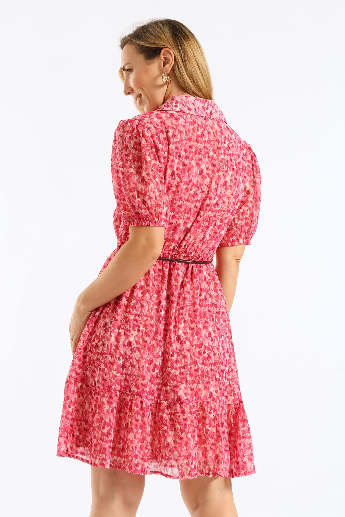Collared Puff Sleeve Belted Tea Dress - Magenta - Image 4