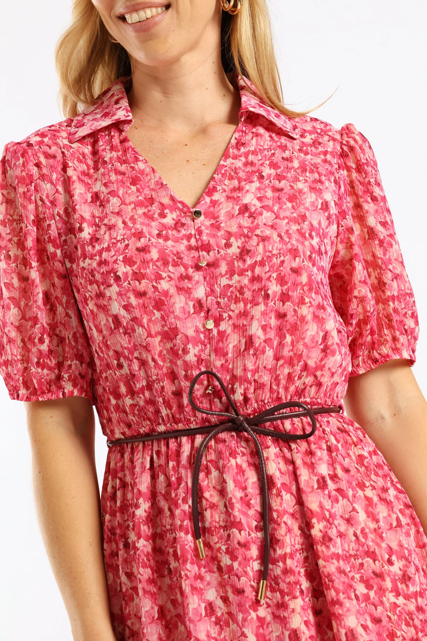 Collared Puff Sleeve Belted Tea Dress - Magenta - Image 5