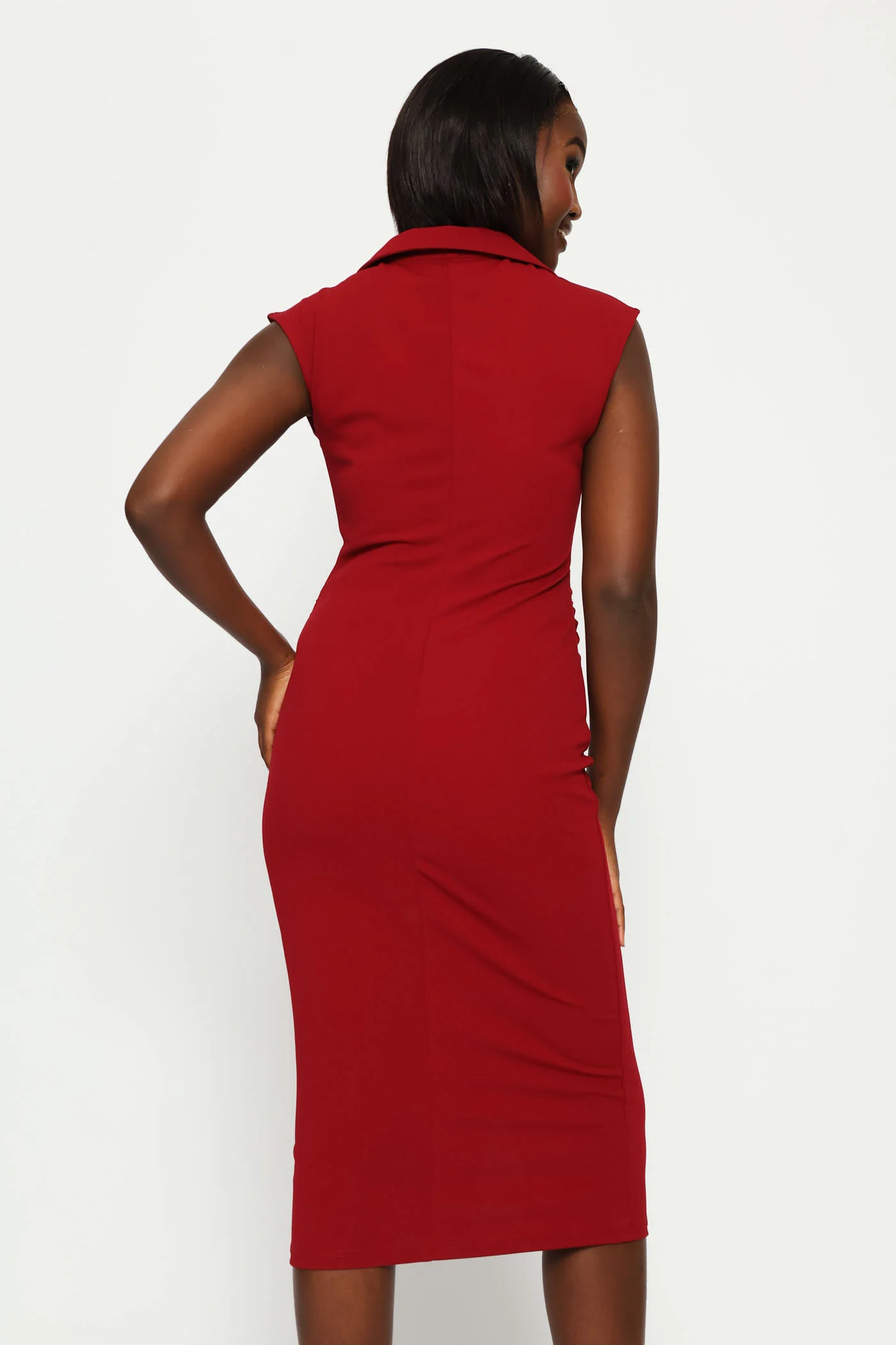 Collared Ruched Side Midi Dress - Burgundy - Image 5