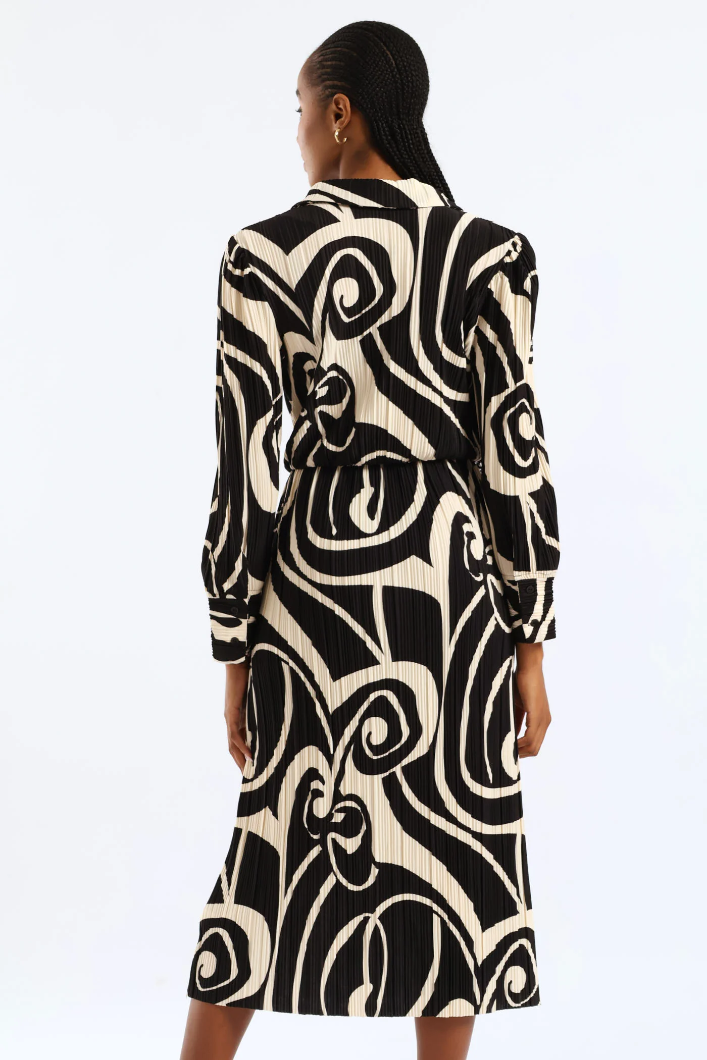 Collared Swirl Plisse Midi Dress - Black/Cream - Image 2