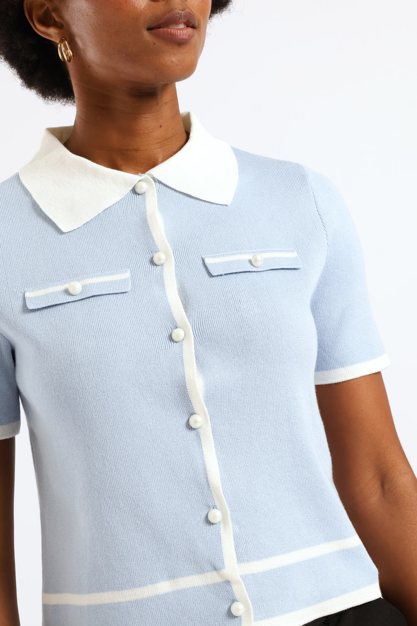 Collared Tipped Cardigan - Light Blue - Image 2