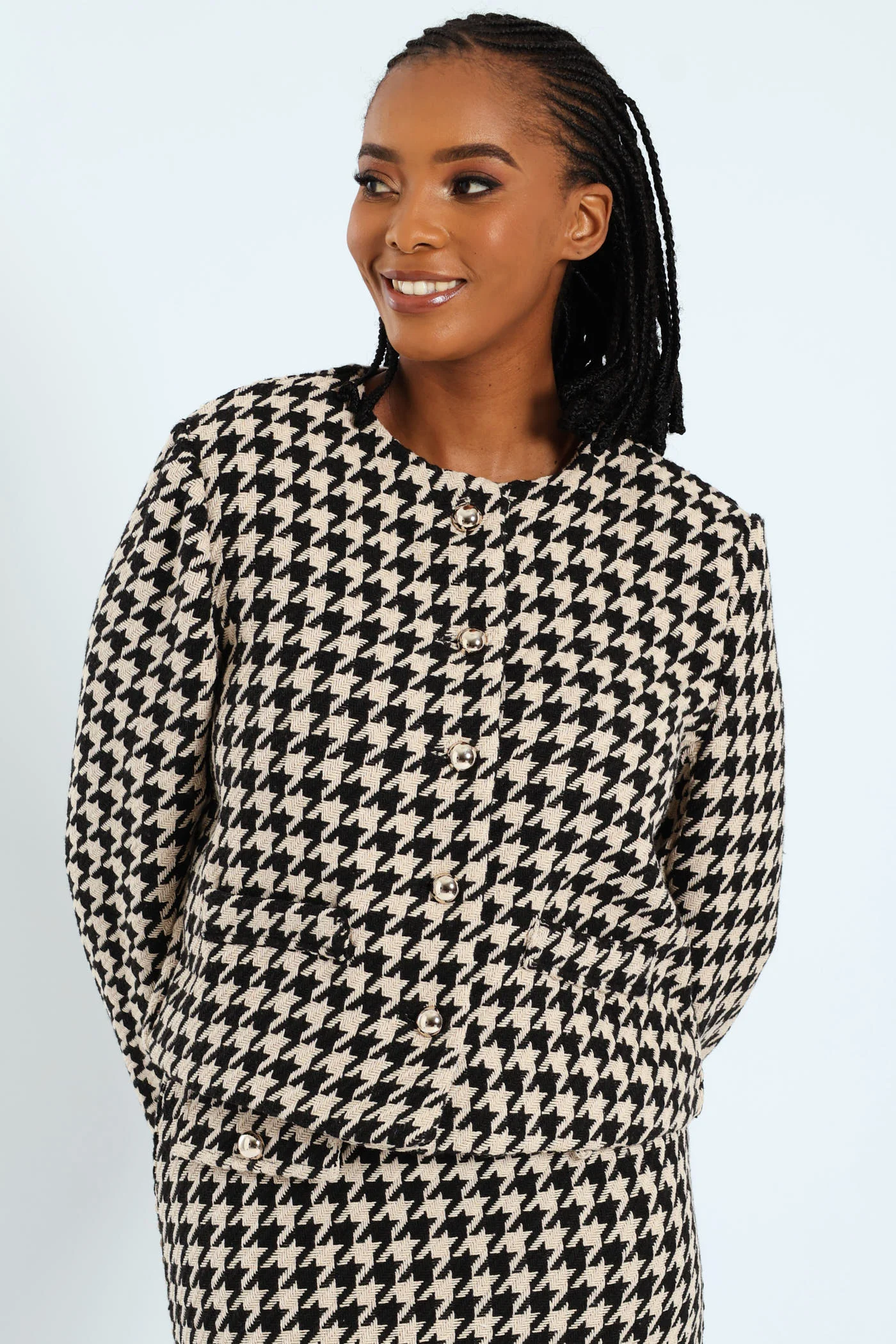 Collarless Houndstooth Blazer - Black/Beige - Image 2