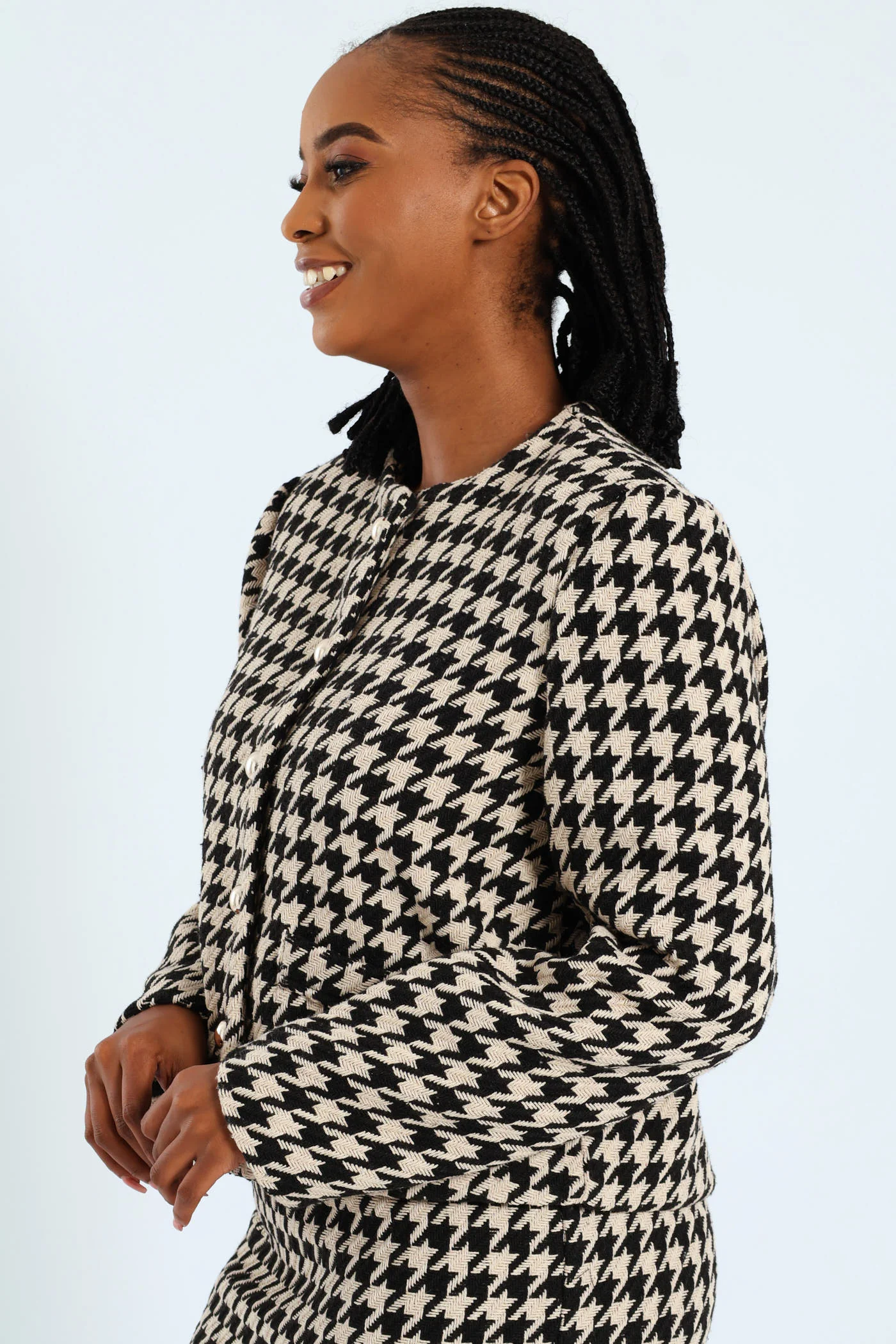 Collarless Houndstooth Blazer - Black/Beige - Image 4