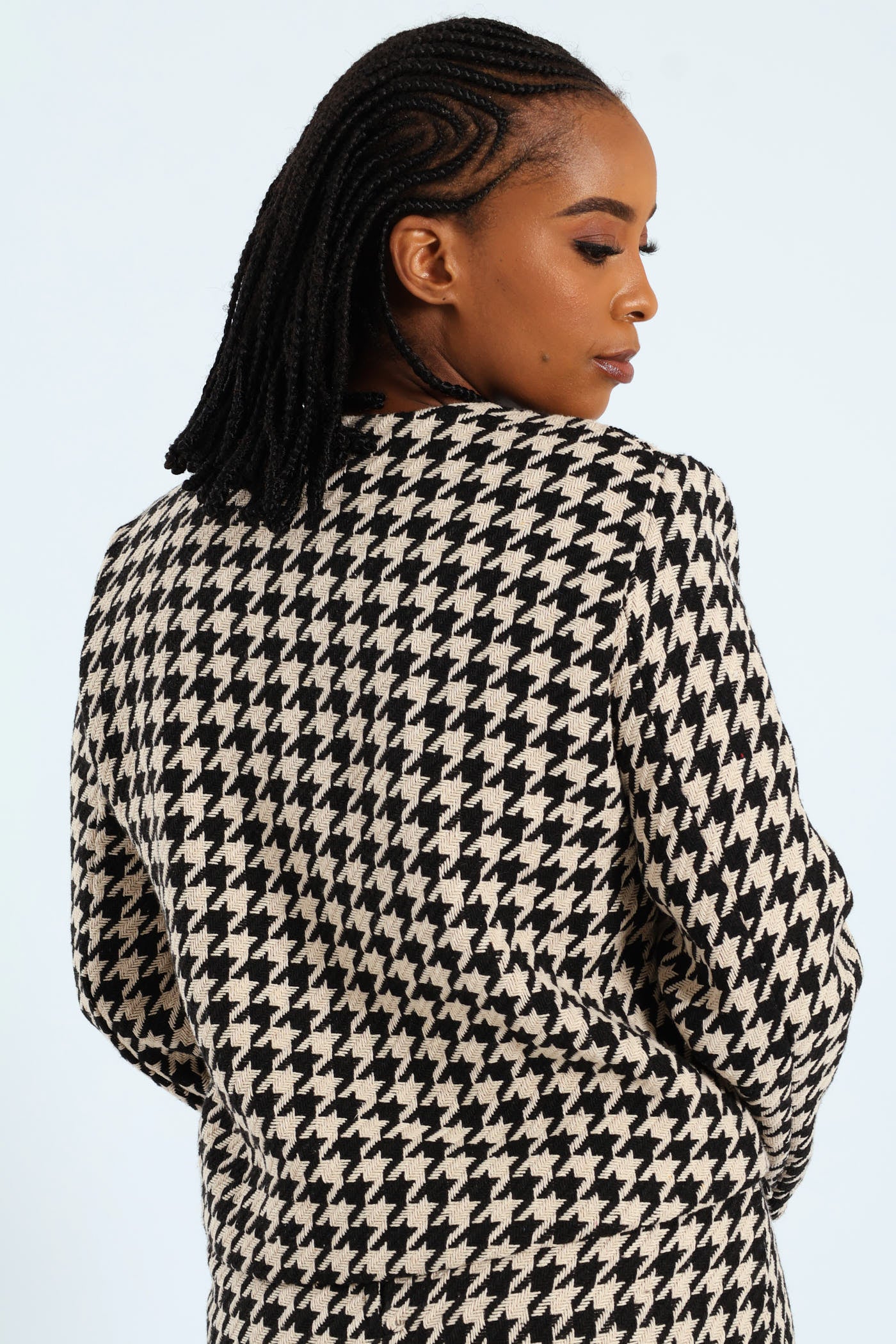 Collarless Houndstooth Blazer - Black/Beige - Image 5