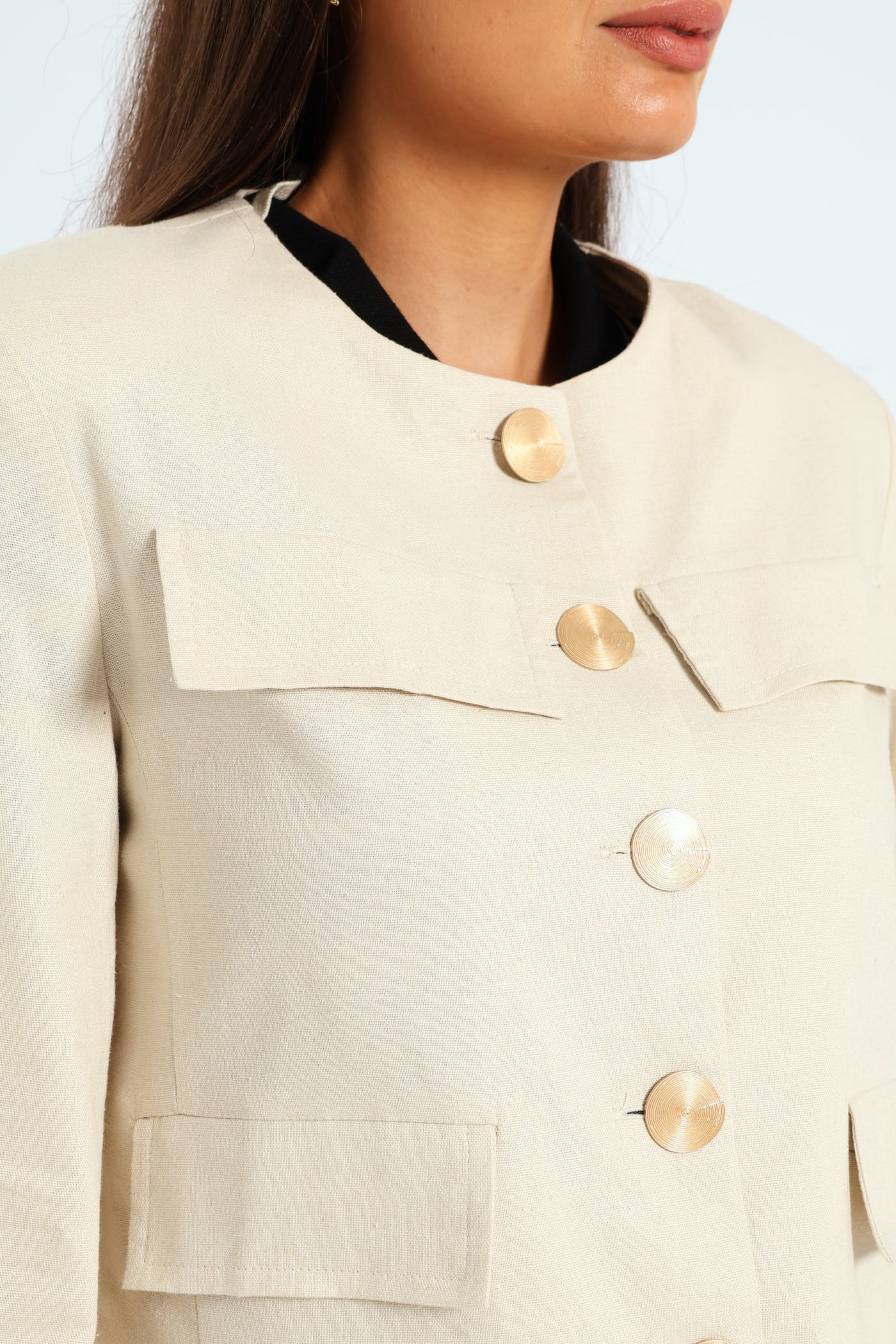 Collarless Linen Blazer - Cream - Image 2