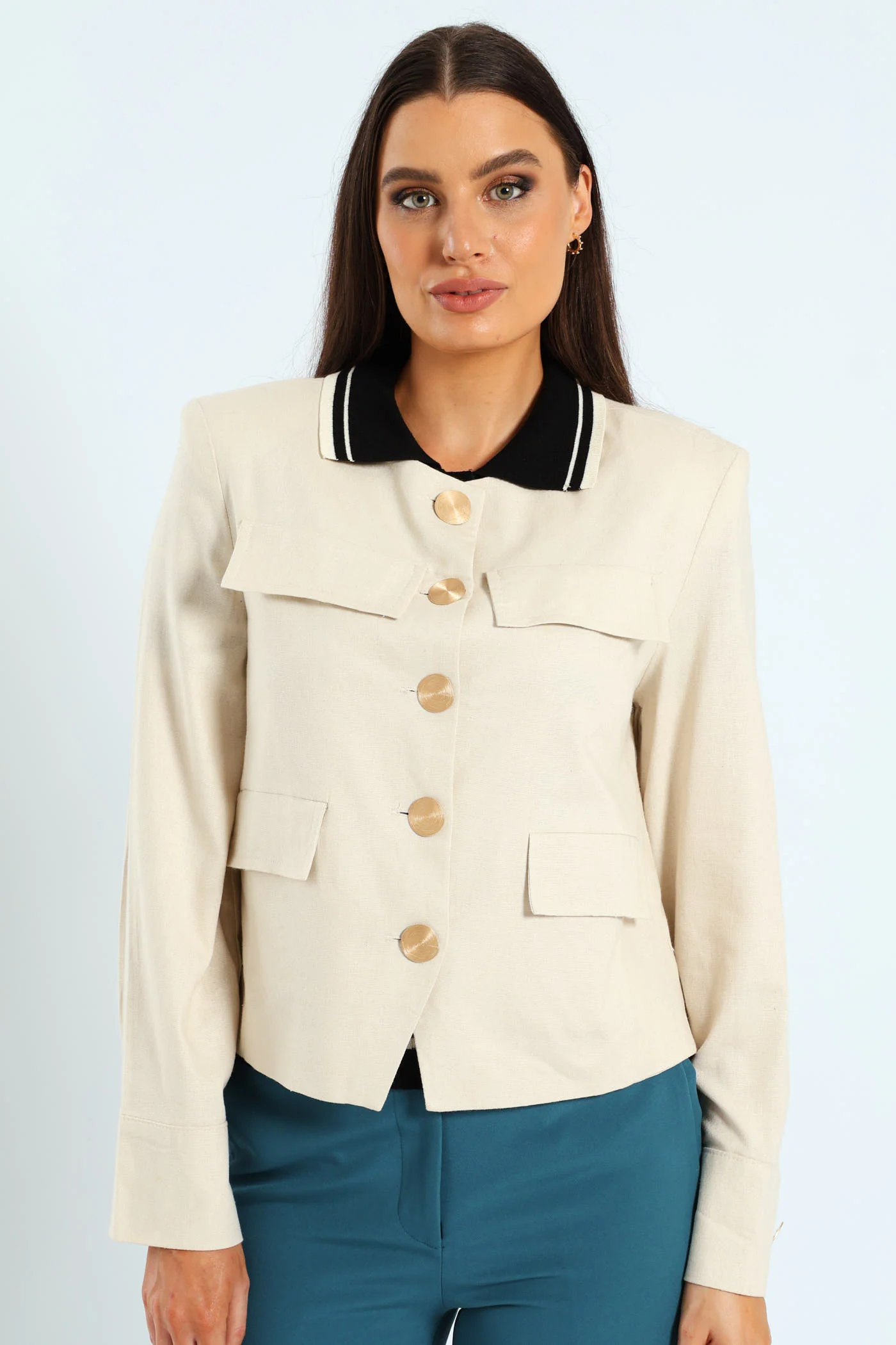 Collarless Linen Blazer - Cream - Image 3