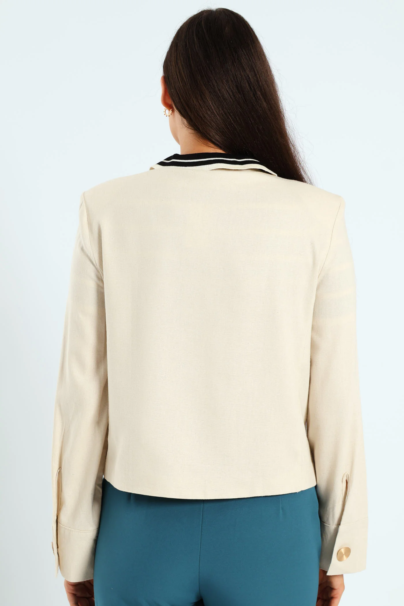 Collarless Linen Blazer - Cream - Image 4
