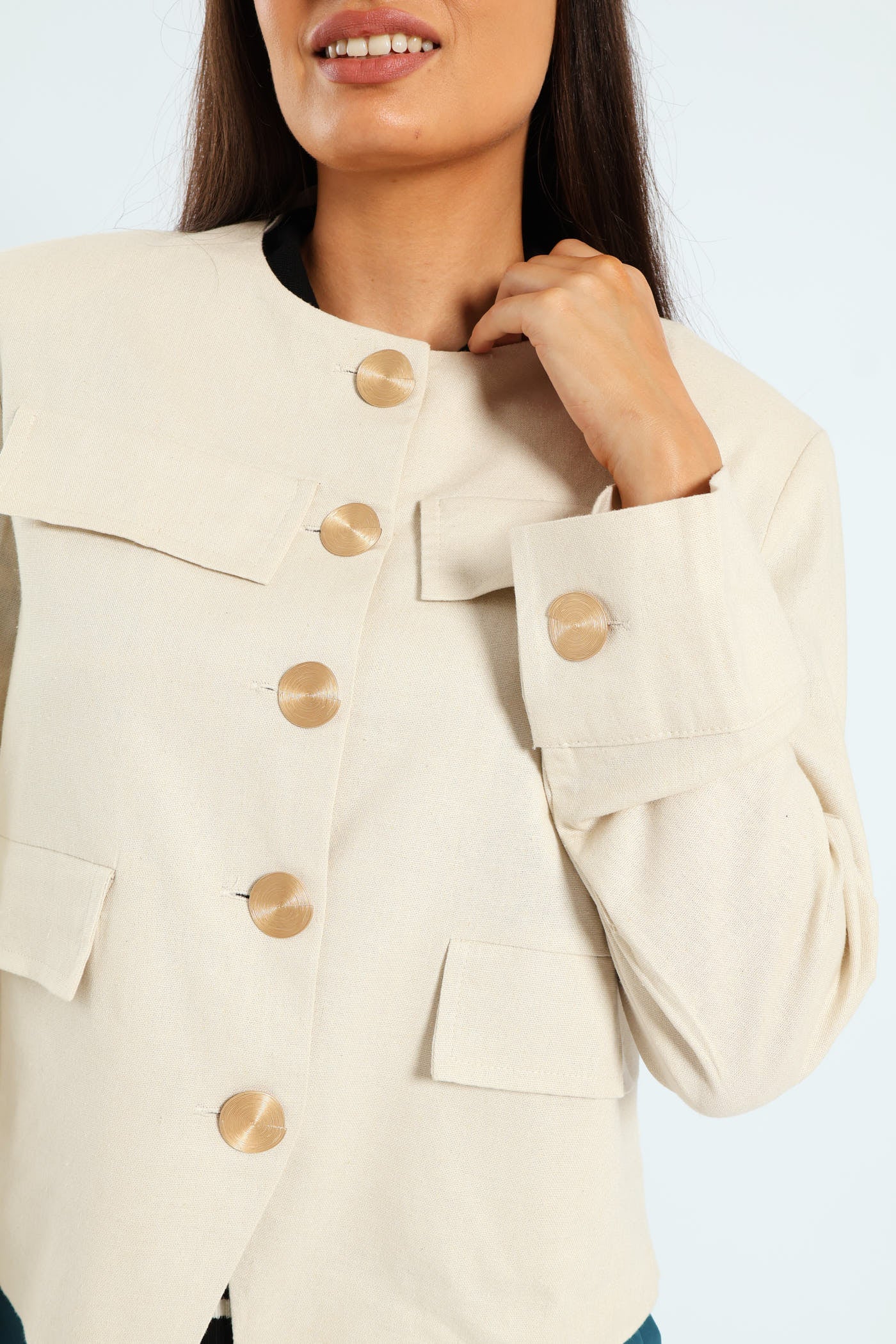 Collarless Linen Blazer - Cream - Image 5