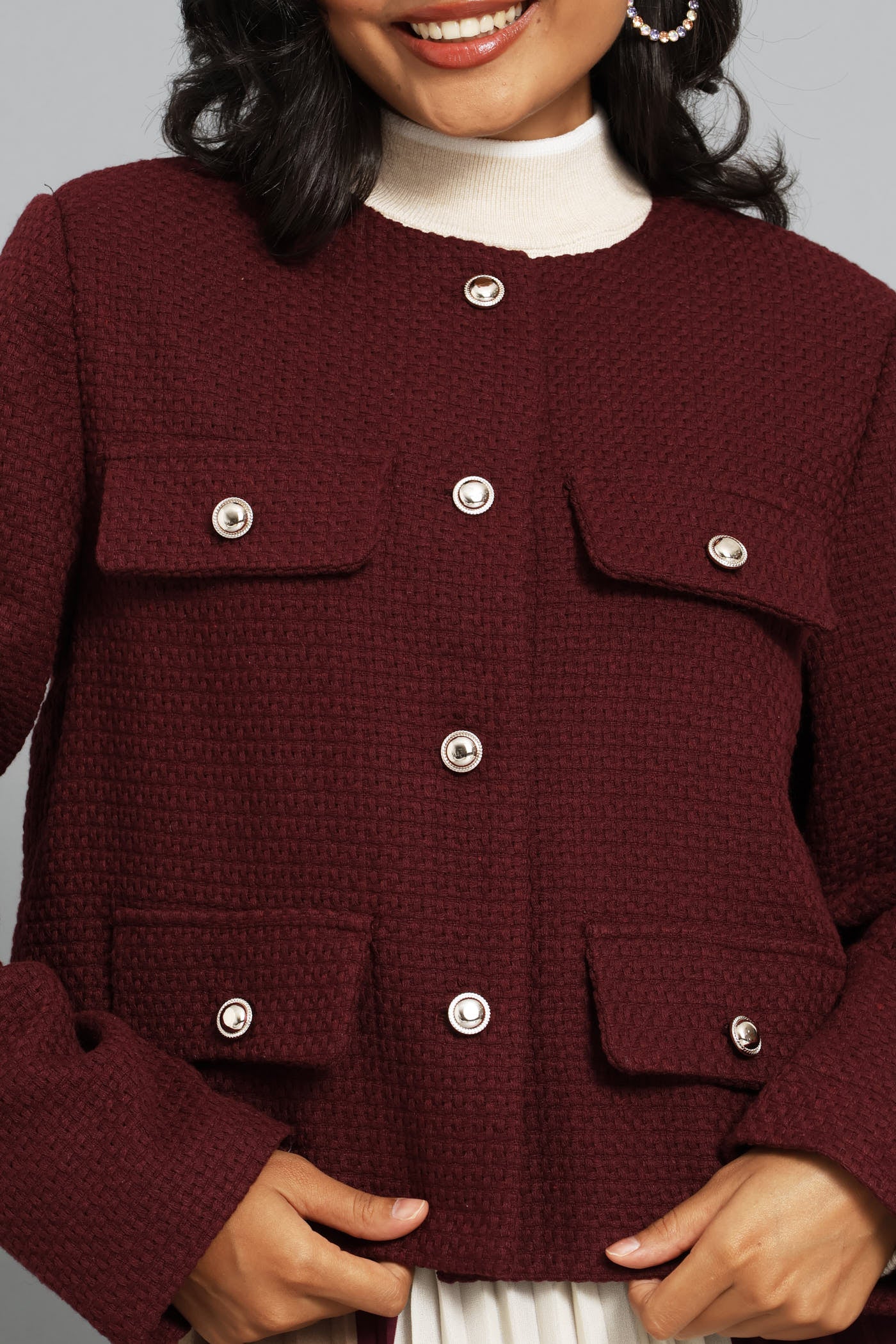 Collarless Tweed Blazer - Burgundy - Image 2