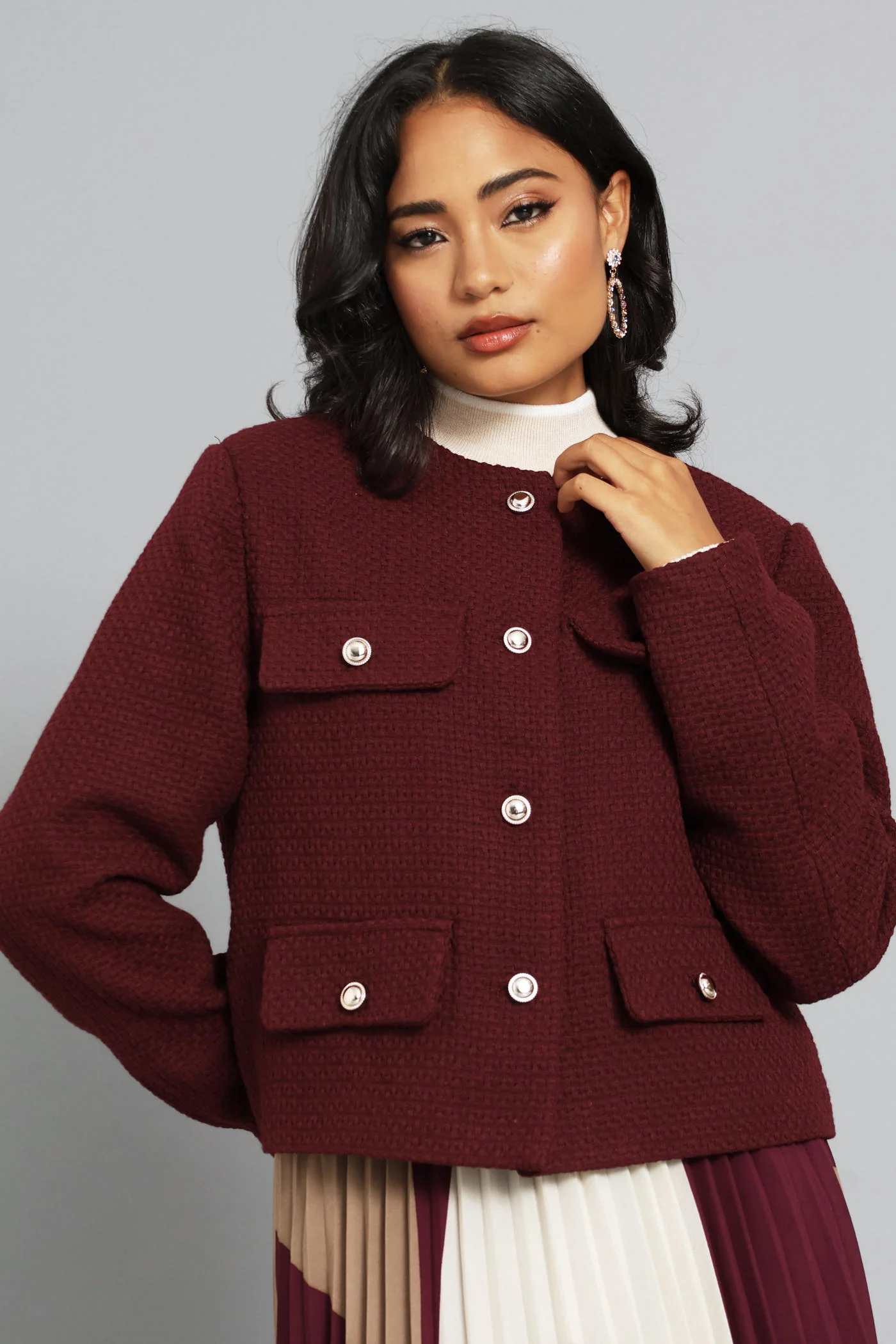 Collarless Tweed Blazer - Burgundy - Image 3