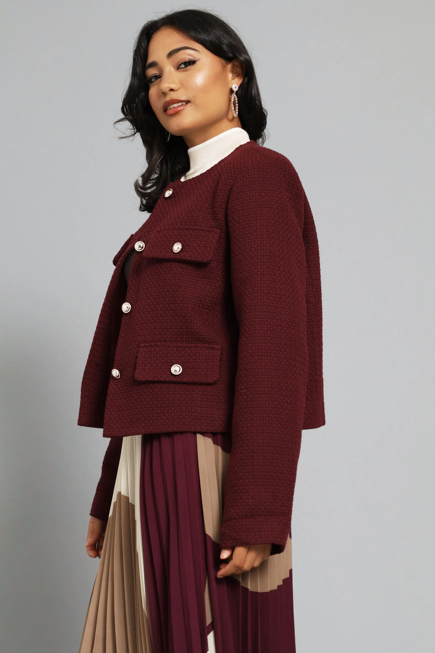 Collarless Tweed Blazer - Burgundy - Image 4