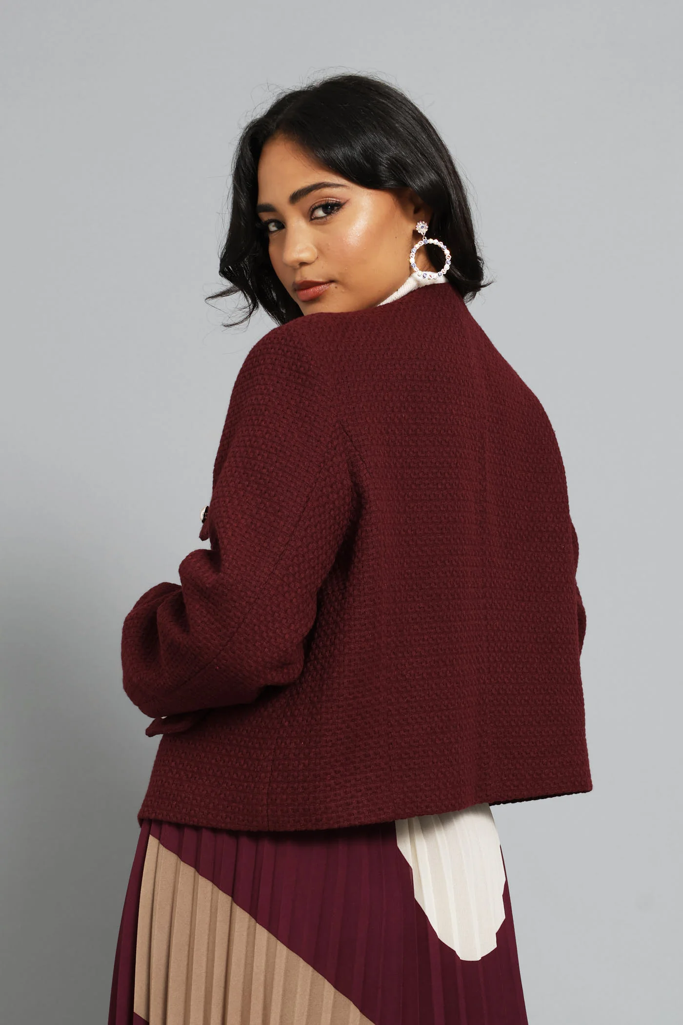 Collarless Tweed Blazer - Burgundy - Image 5