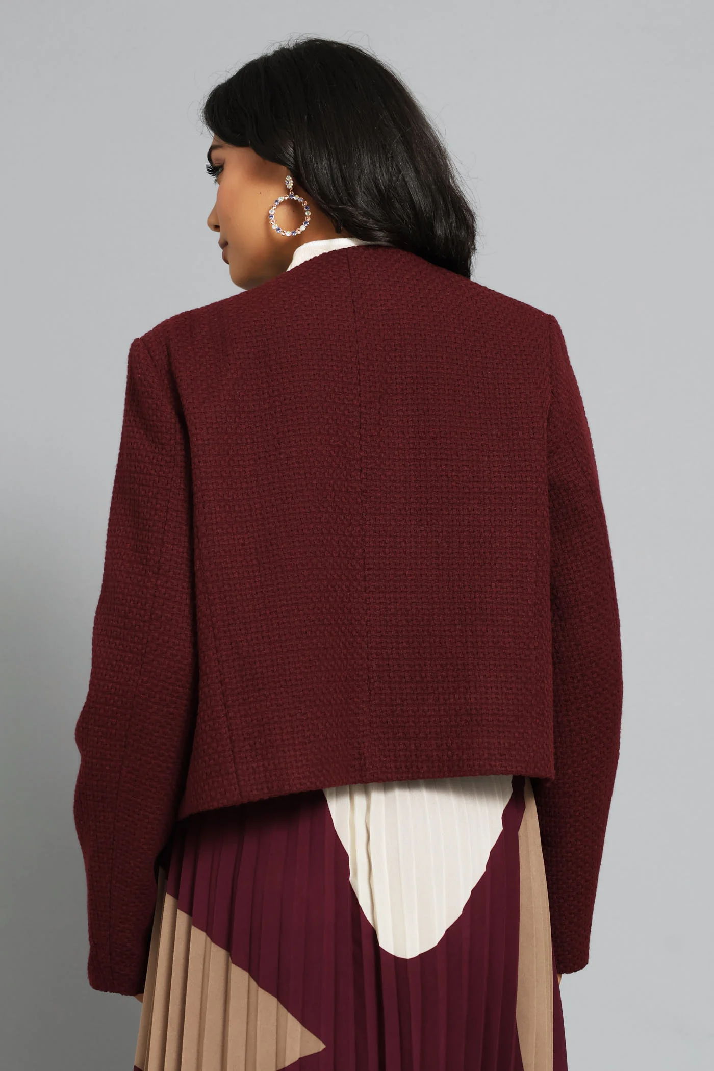 Collarless Tweed Blazer - Burgundy - Image 6