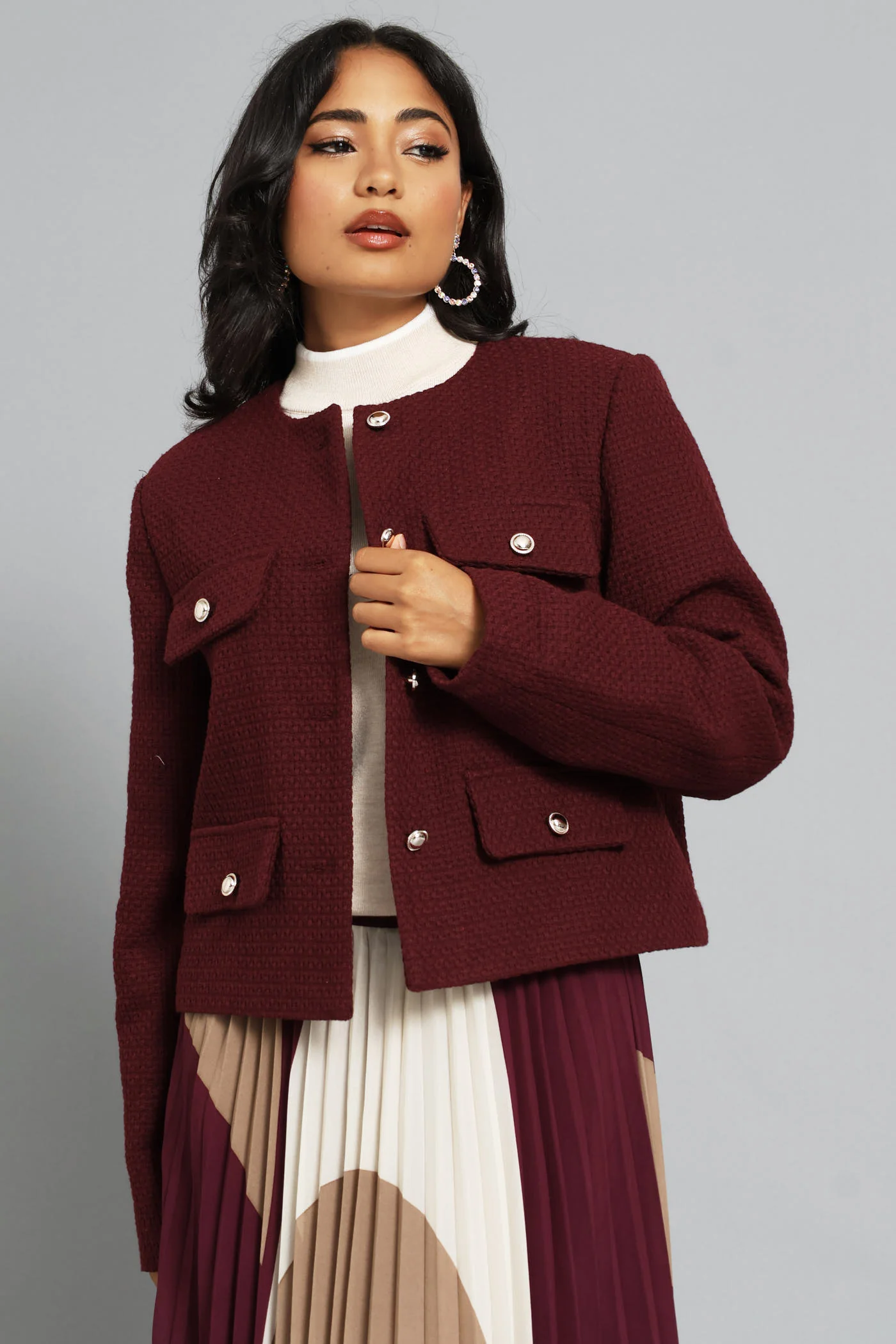 Collarless Tweed Blazer - Burgundy - Image 7