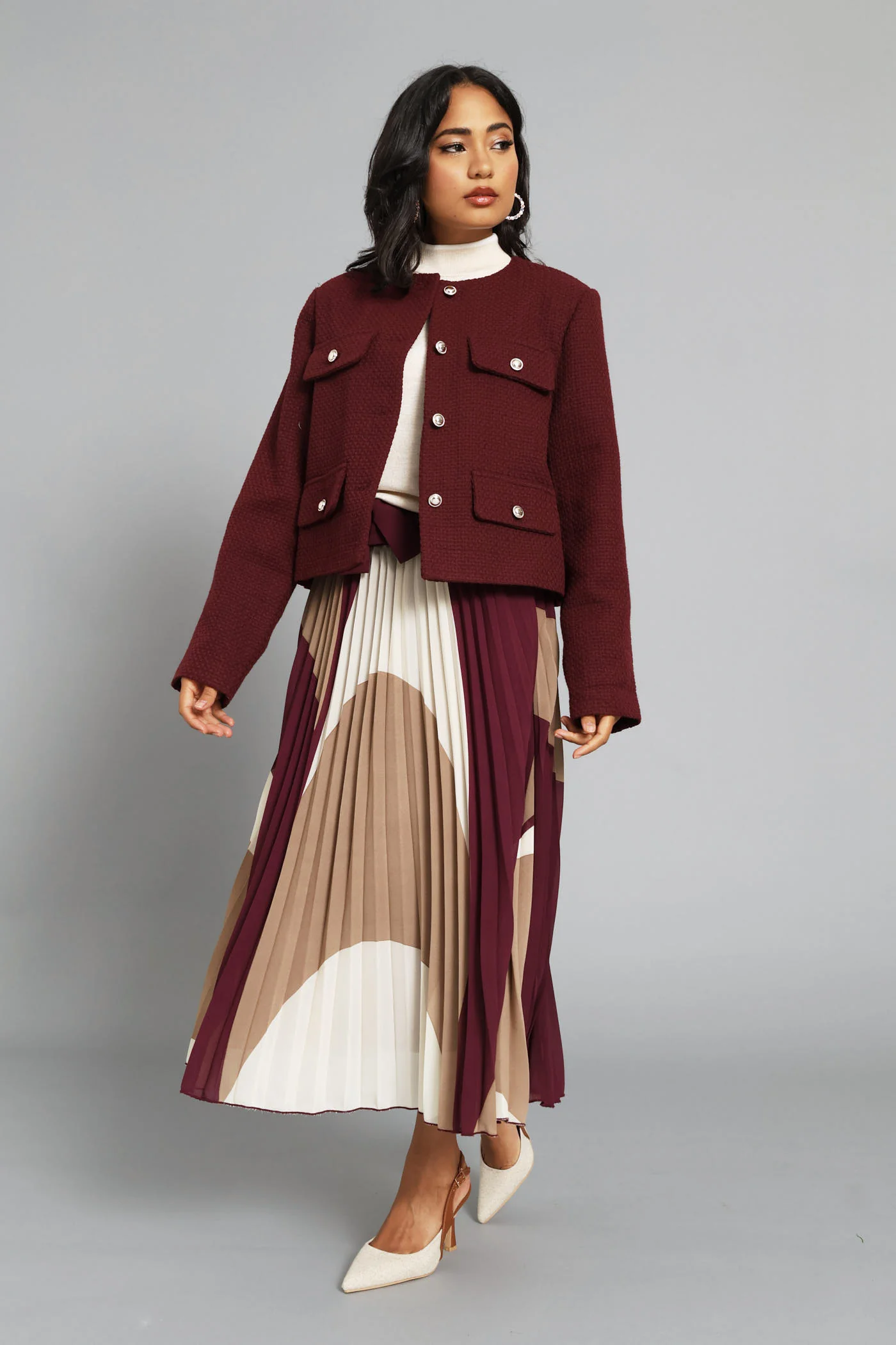 Collarless Tweed Blazer - Burgundy - Image 8