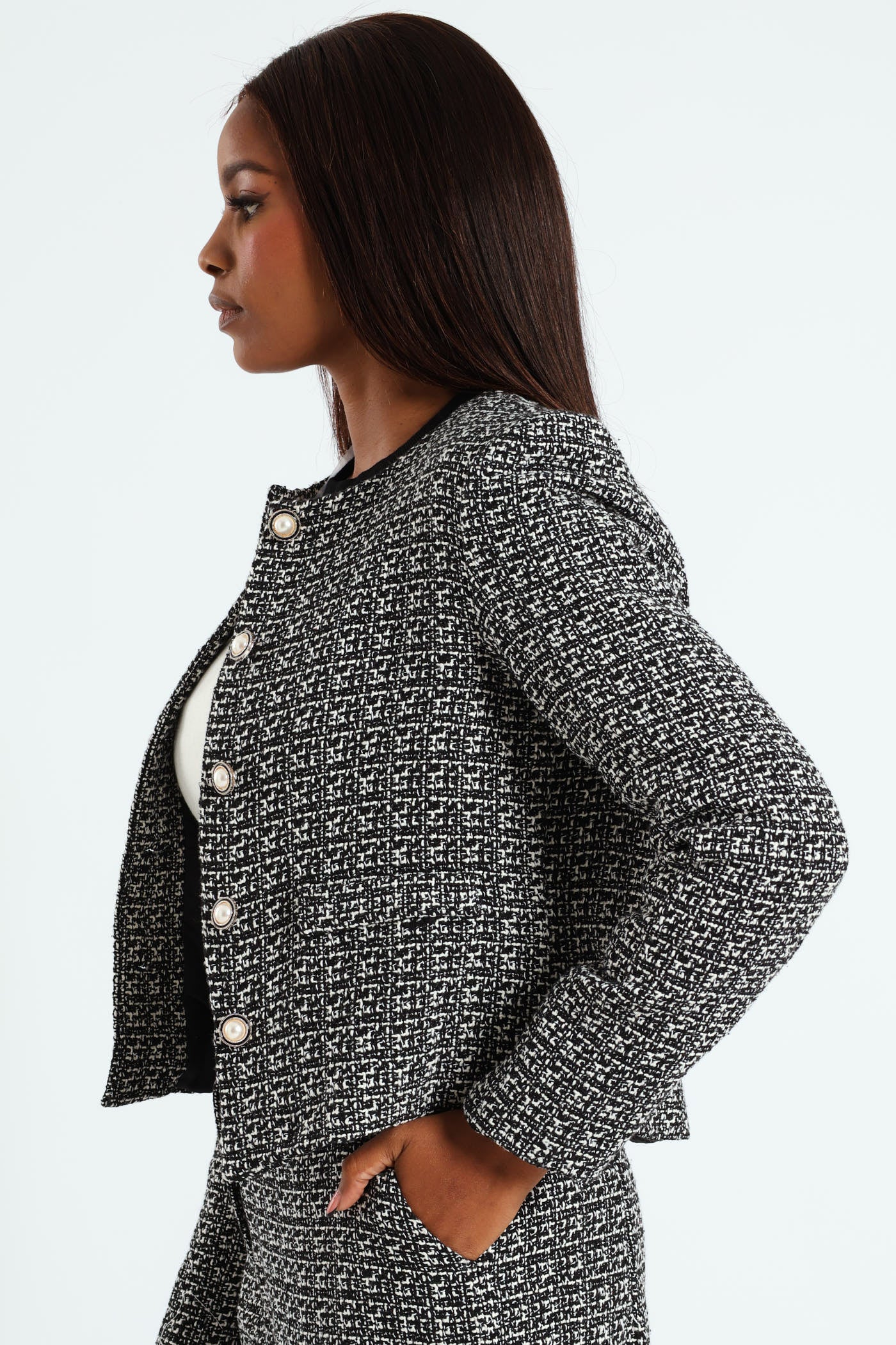 Collarless Tweed Blazer - Cream/Black - Image 2