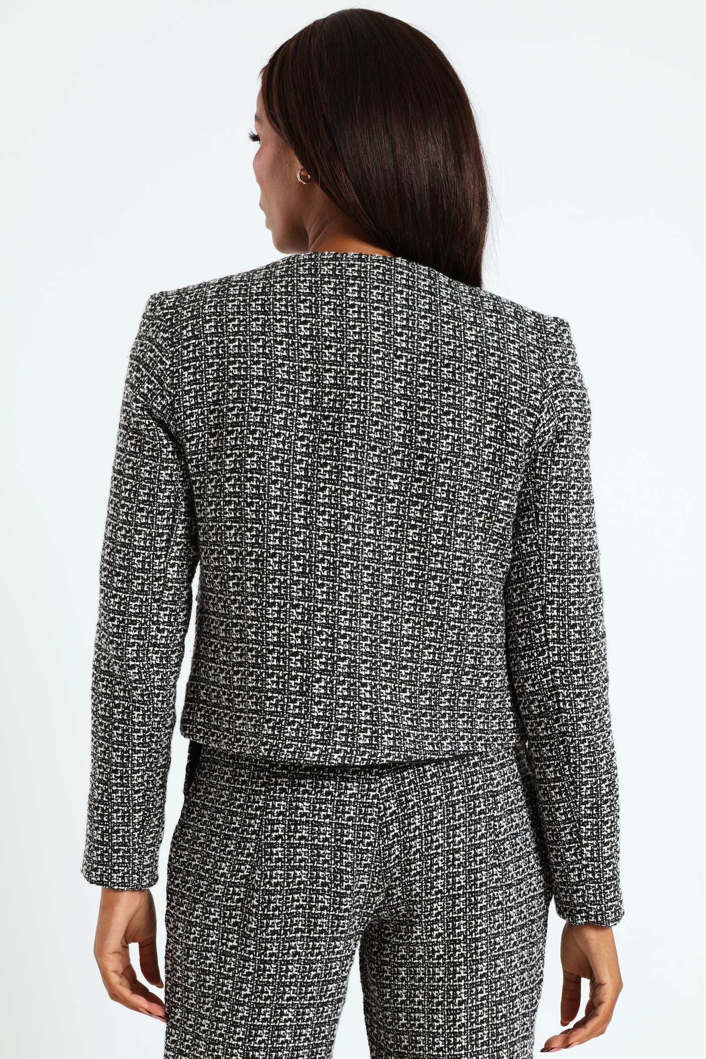 Collarless Tweed Blazer - Cream/Black - Image 3