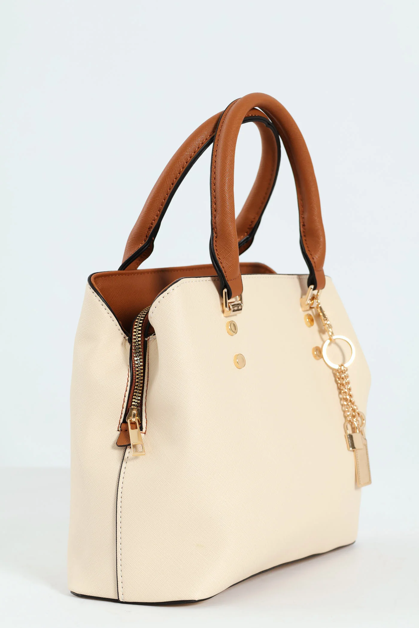 Colour Block Charm Tote Bag - Cream - Image 4