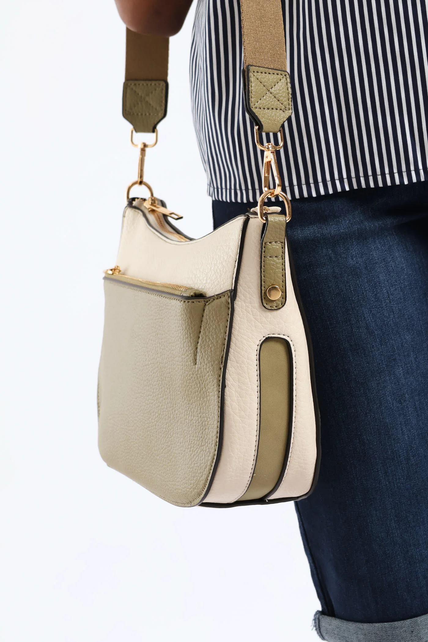 Colour Block Front Zip Curved Crossbody Bag - Olive - Image 2