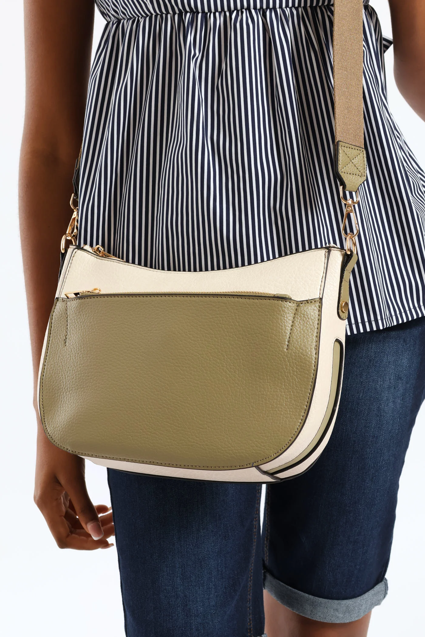 Colour Block Front Zip Curved Crossbody Bag - Olive - Image 3