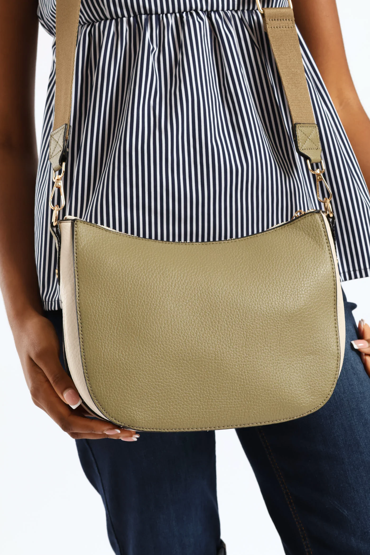 Colour Block Front Zip Curved Crossbody Bag - Olive - Image 4