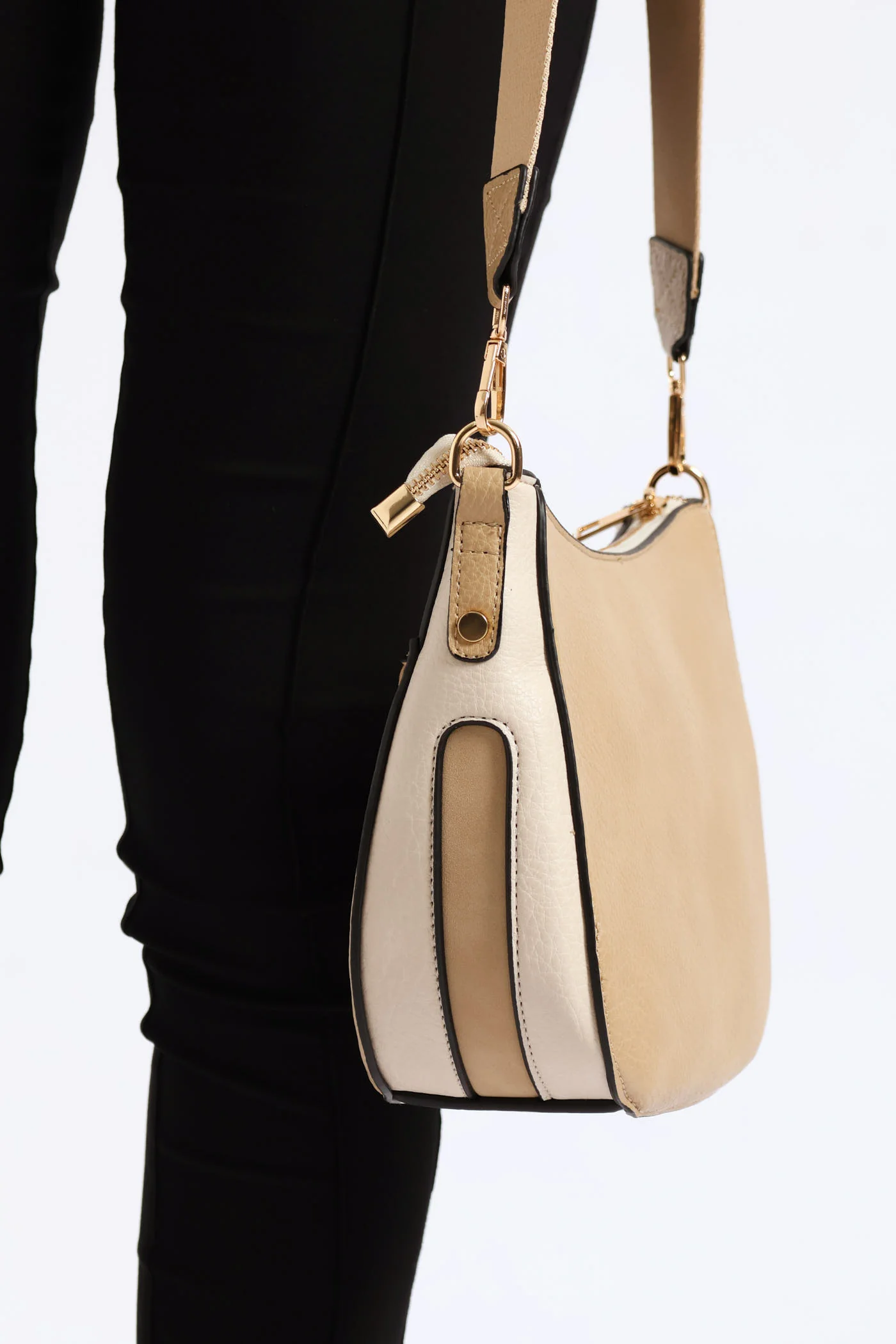 Colour Block Front Zip Curved Crossbody Bag - Taupe - Image 2