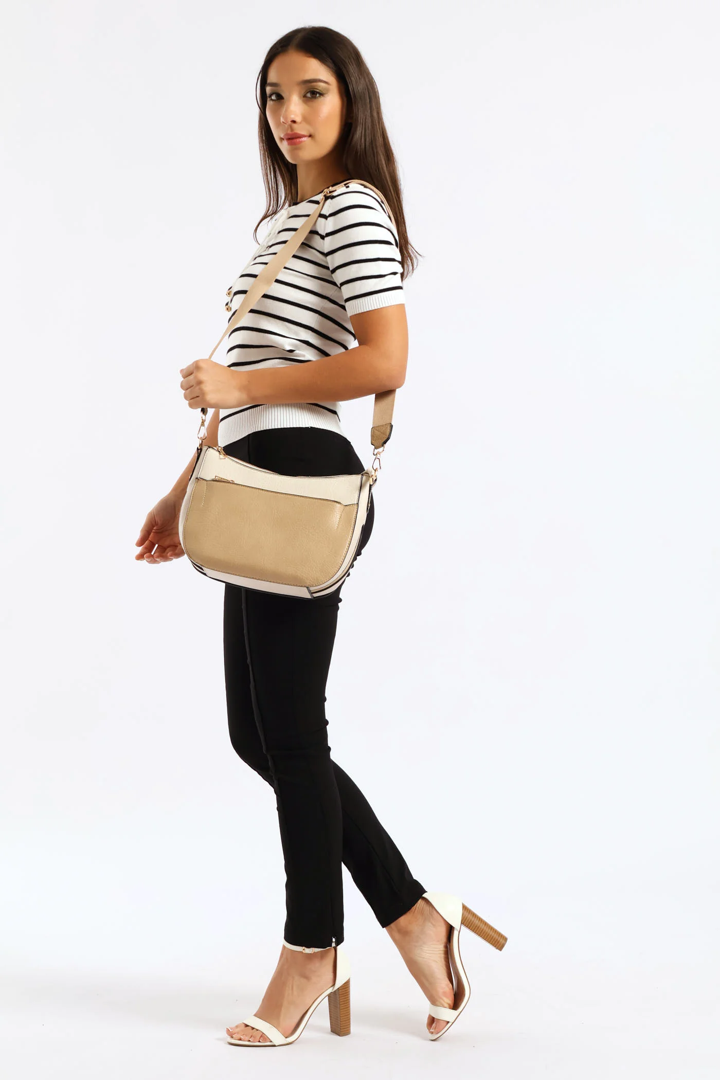 Colour Block Front Zip Curved Crossbody Bag - Taupe - Image 3