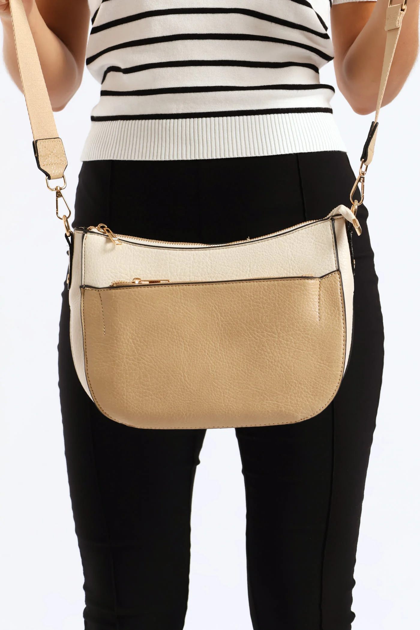 Colour Block Front Zip Curved Crossbody Bag - Taupe - Image 4