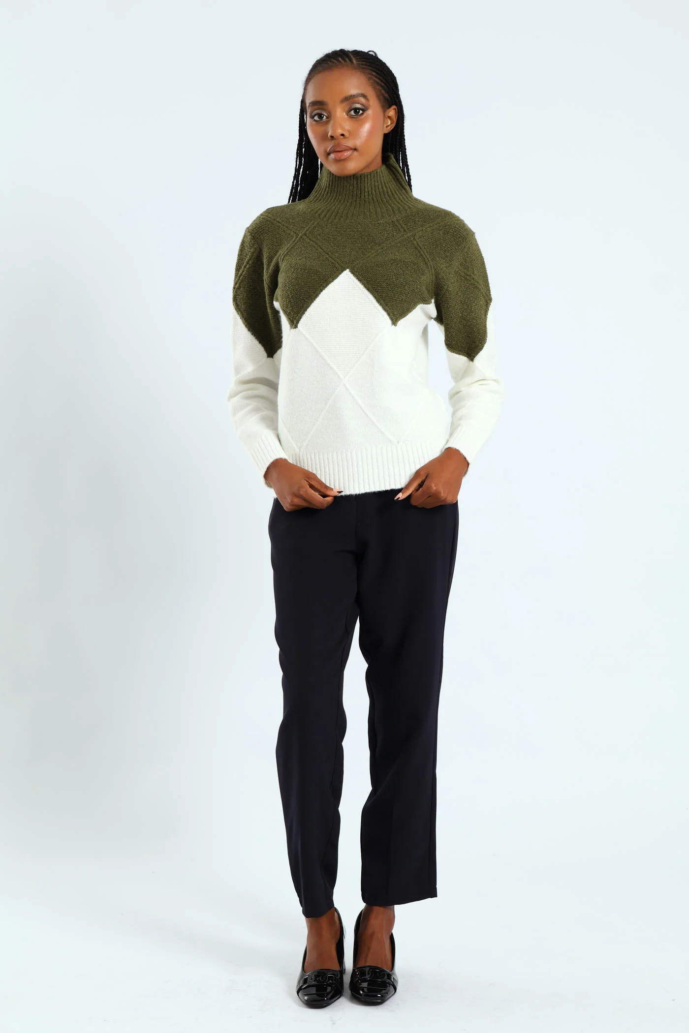 Colourblock Cable Knit Pullover - Green/Cream - Image 2