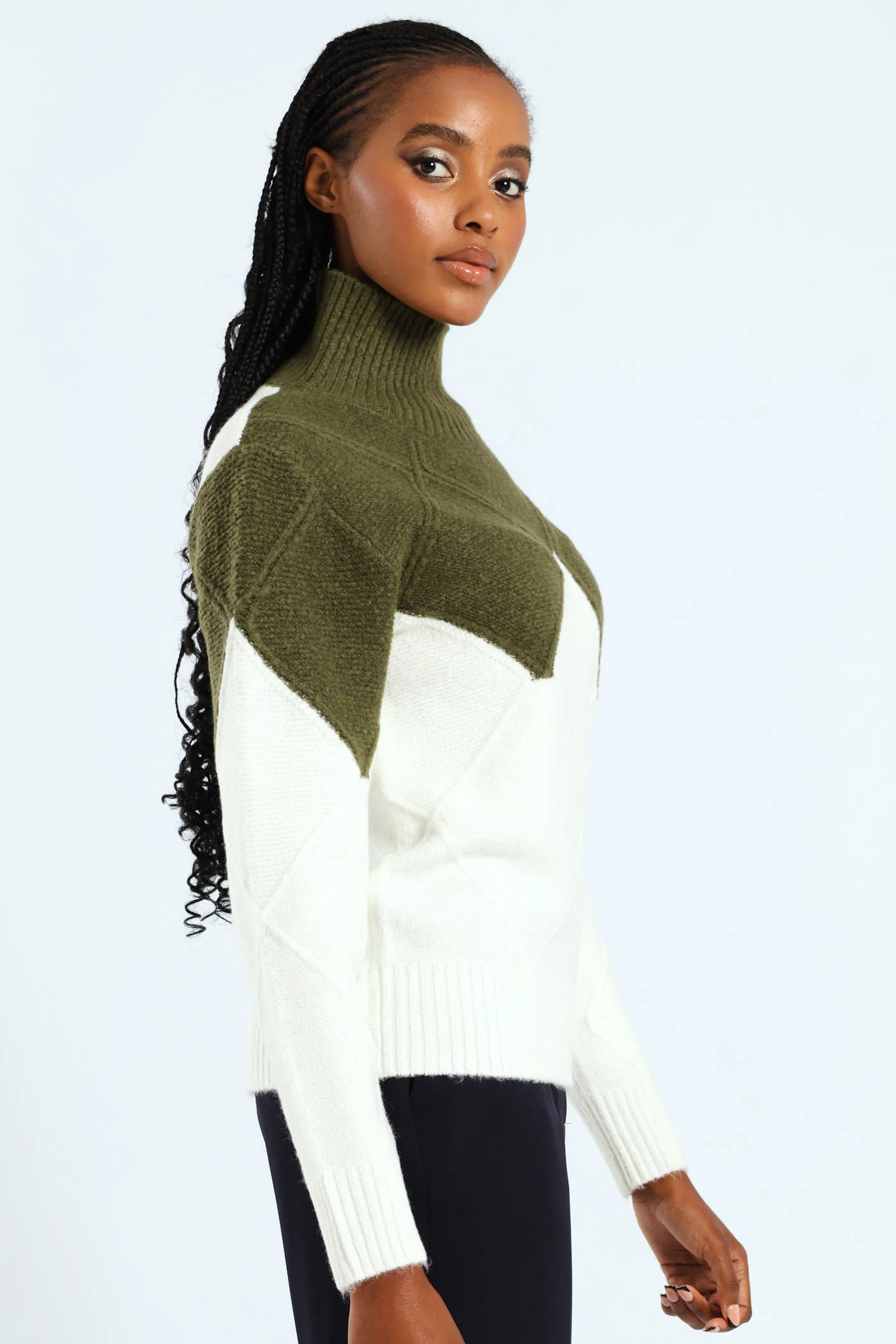 Colourblock Cable Knit Pullover - Green/Cream - Image 3